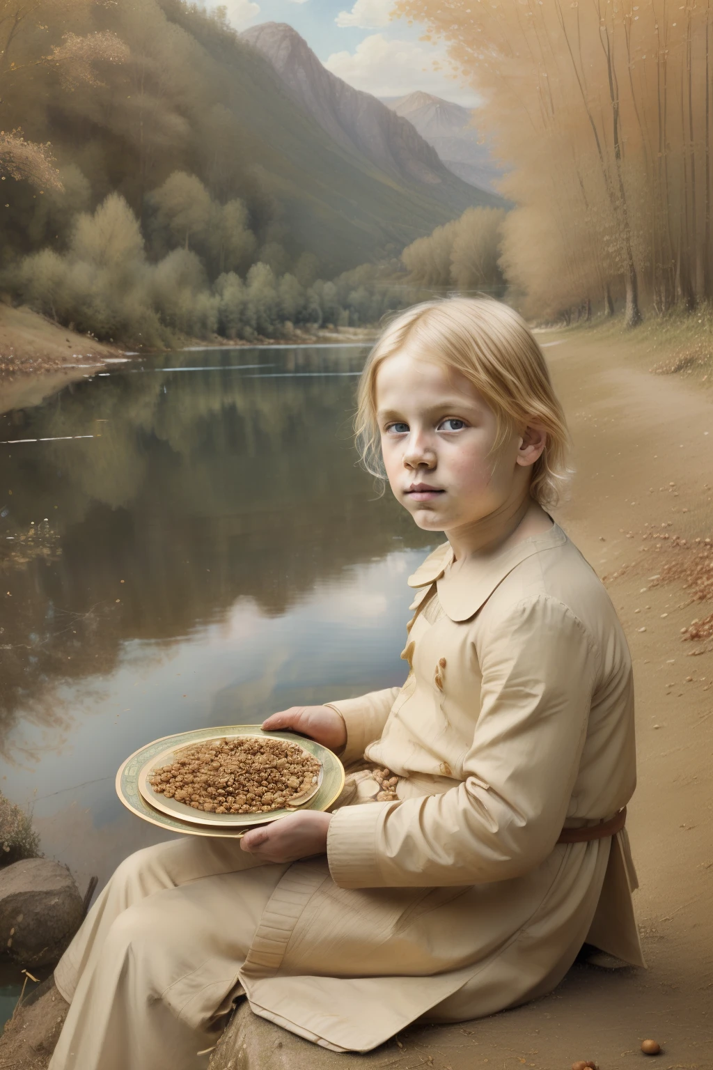 ((Pre-Raphaelite painting of a small blond blond boy happy angelic face covered with hazelnut leaves with a plate of hazelnuts near a lake, paisagem celta com muitas aveleiras)))
