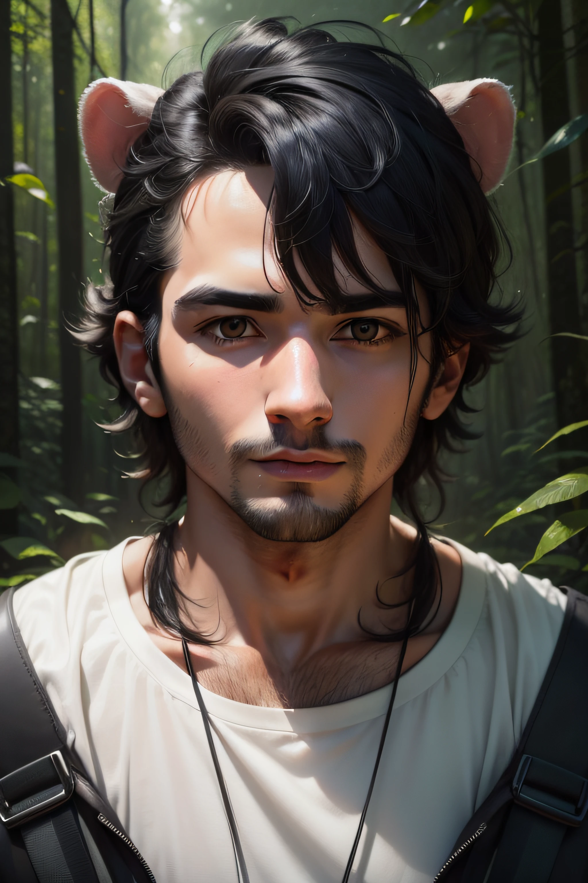 Portrait of a human a like hamster called Pandaro black hair and white lines under the neck , up close, 8k high quality , forest background in the jungle