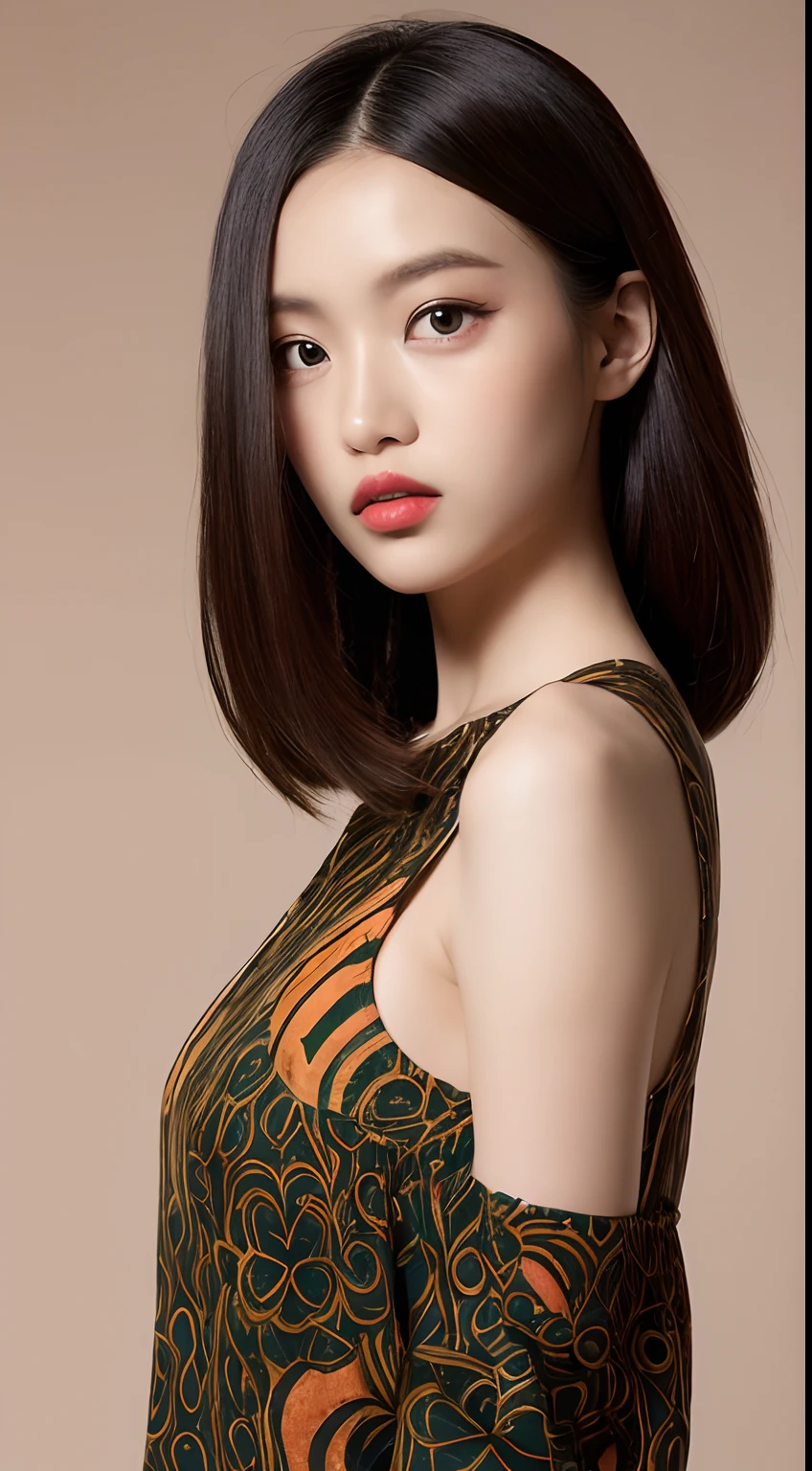 one African model ,Unique details, Y2K virtual fashion, Near future, Curvilinear details , double eyelid, plump lips, simple background