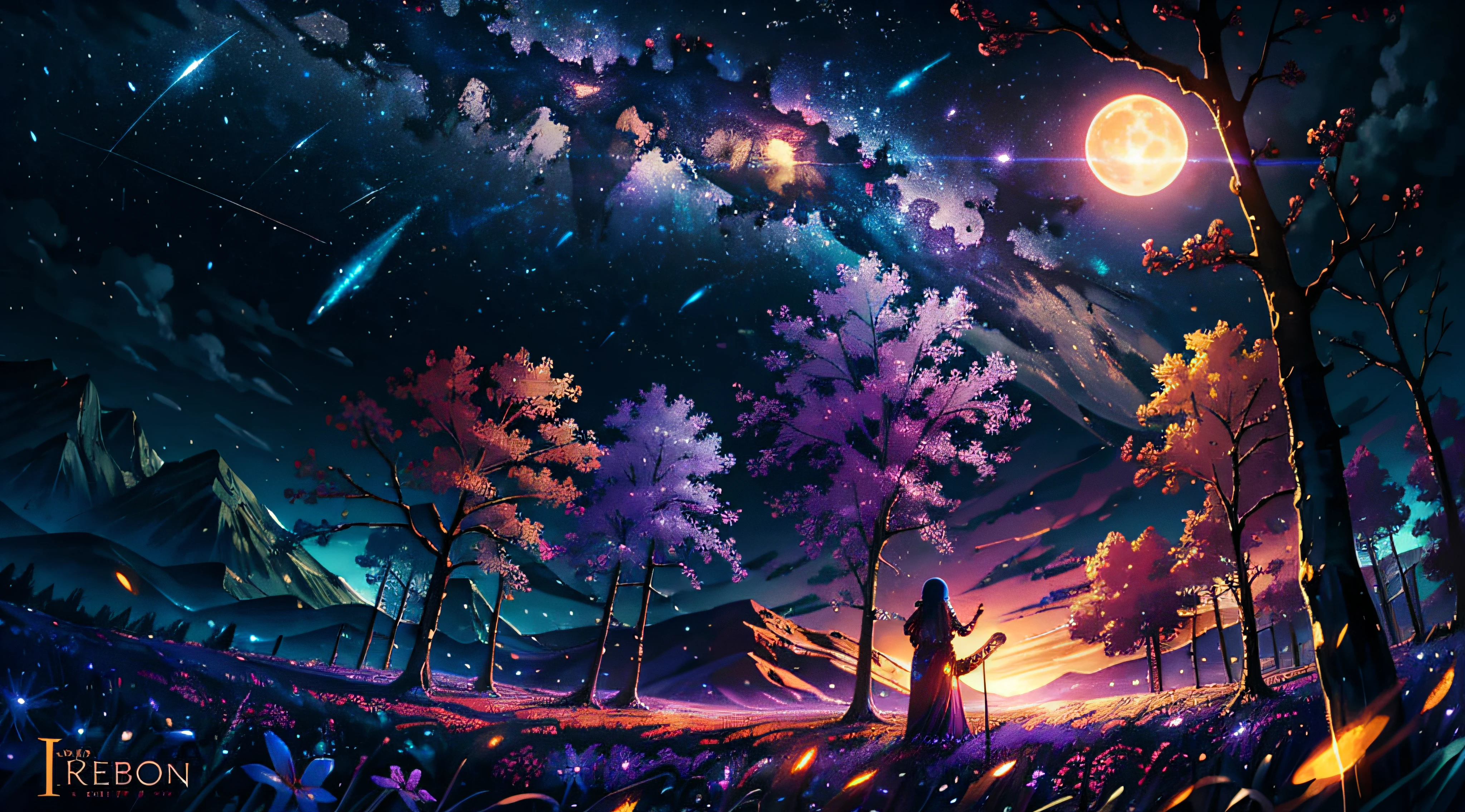 expansive landscape photograph , (a view from below that shows sky above and open field below), a girl standing on flower field looking up, (full moon:1.2), ( shooting stars:0.9), (nebula:1.3), distant mountain, tree BREAK
production art, (warm light source:1.2), (Firefly:1.2), lamp, lot of purple and orange, intricate details, volumetric lighting BREAK
(masterpiece:1.2), (best quality), 4k, ultra-detailed, (dynamic composition:1.4), highly detailed, colorful details,( iridescent colors:1.2), (glowing lighting, atmospheric lighting), dreamy, magical, (solo:1.2)