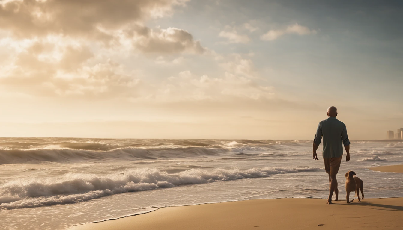 imagem de um homem 50 anos de idade, caminhando pela praia , encontra um vestido caido na areia