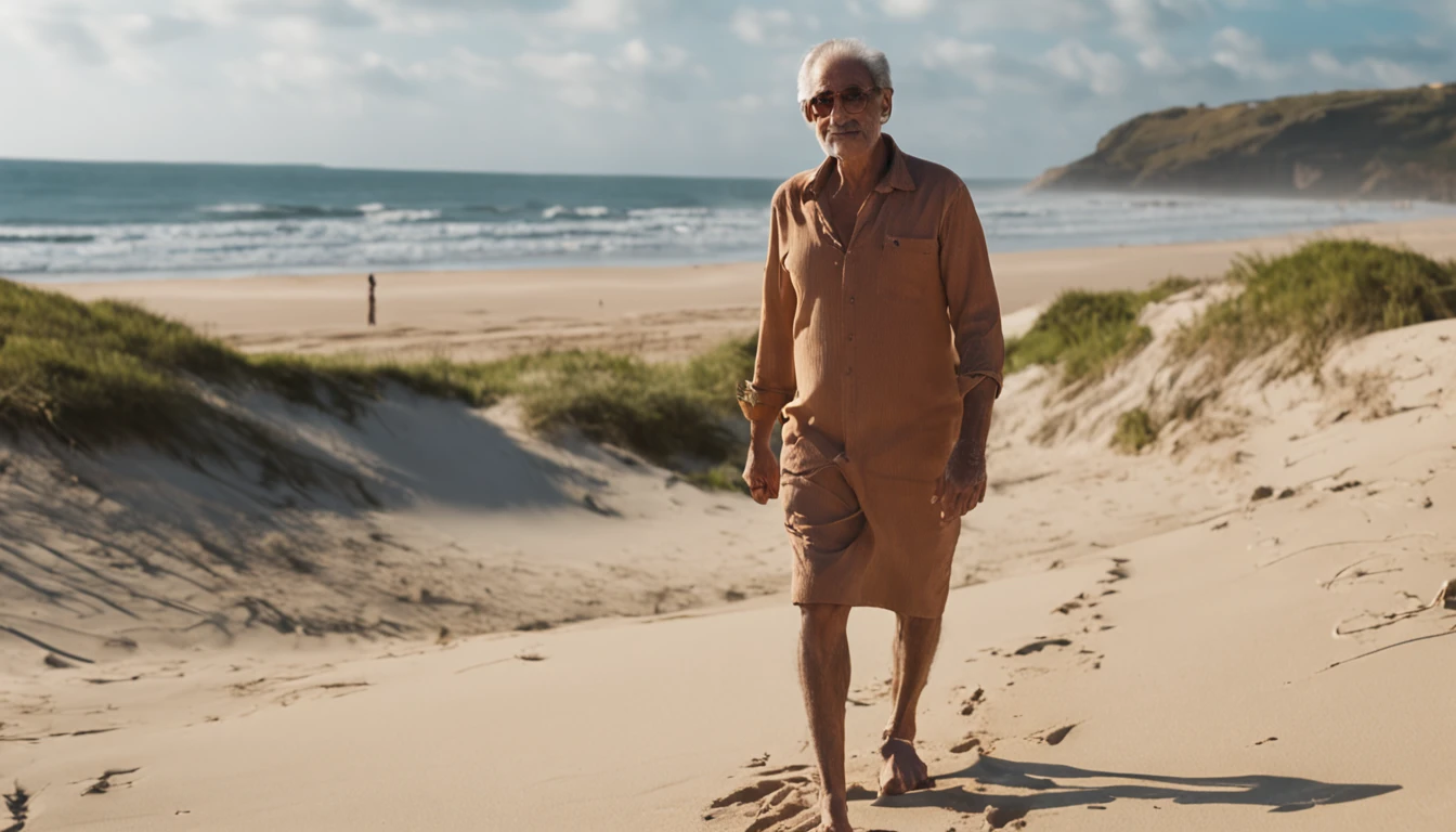 imagem de um homem 50 anos de idade, caminhando pela praia , encontra um vestido caido na areia