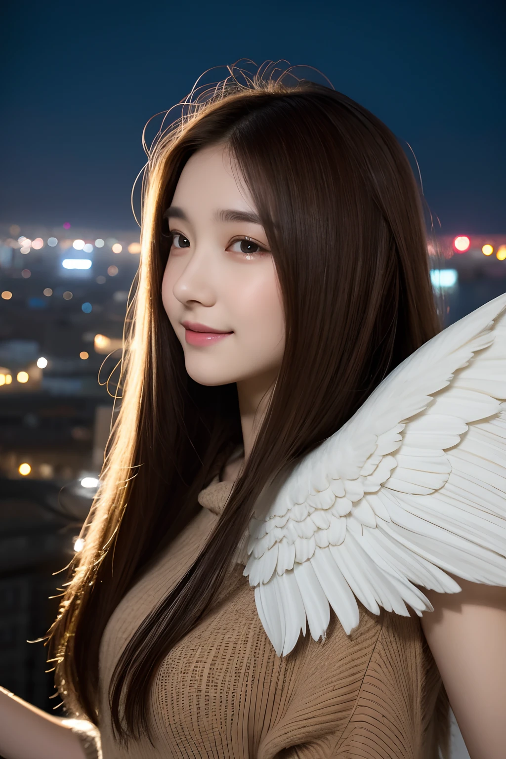 "Image Quality: 8K (Best Quality Scale: 1.2), Artistic Style: Realistic, Photorealistic Factor: 1.37, Clarity: Ultra High Definition, Subject:1girl flying above stunning cityscape ,hoodie,brown hair, neon color shooting stars, very long hair, off shoulder, feather hair ornament, neon colors, flashes, stunning night sky, Teenage Girl (16 years old), Notable Features: Pleasant Smile, Closed Mouth, Exquisite Details, Lovely Nose, Composition: Full Body, Damp Hair, Context: Amidst Colossal Dalsefo, huge Angel wings very detailed, Korean idol looks