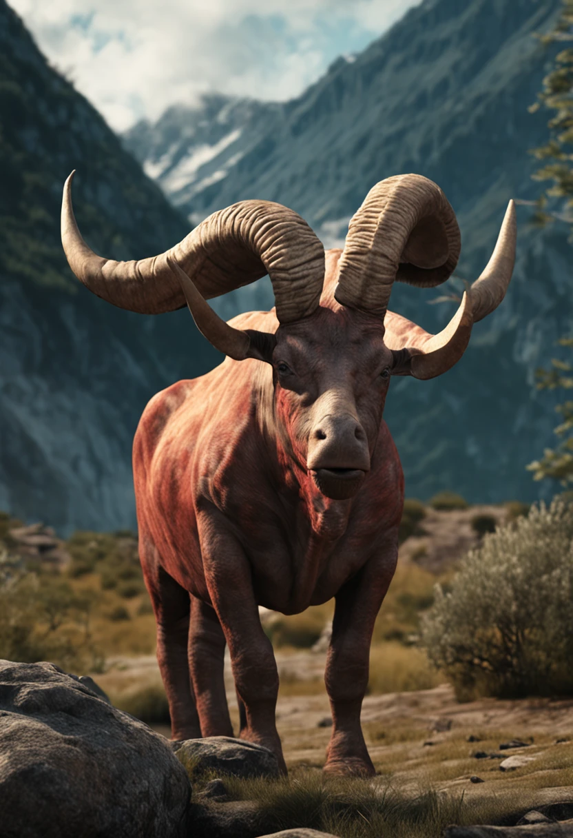 Create a realistic image of an animal with 7 heads and 10 horns.