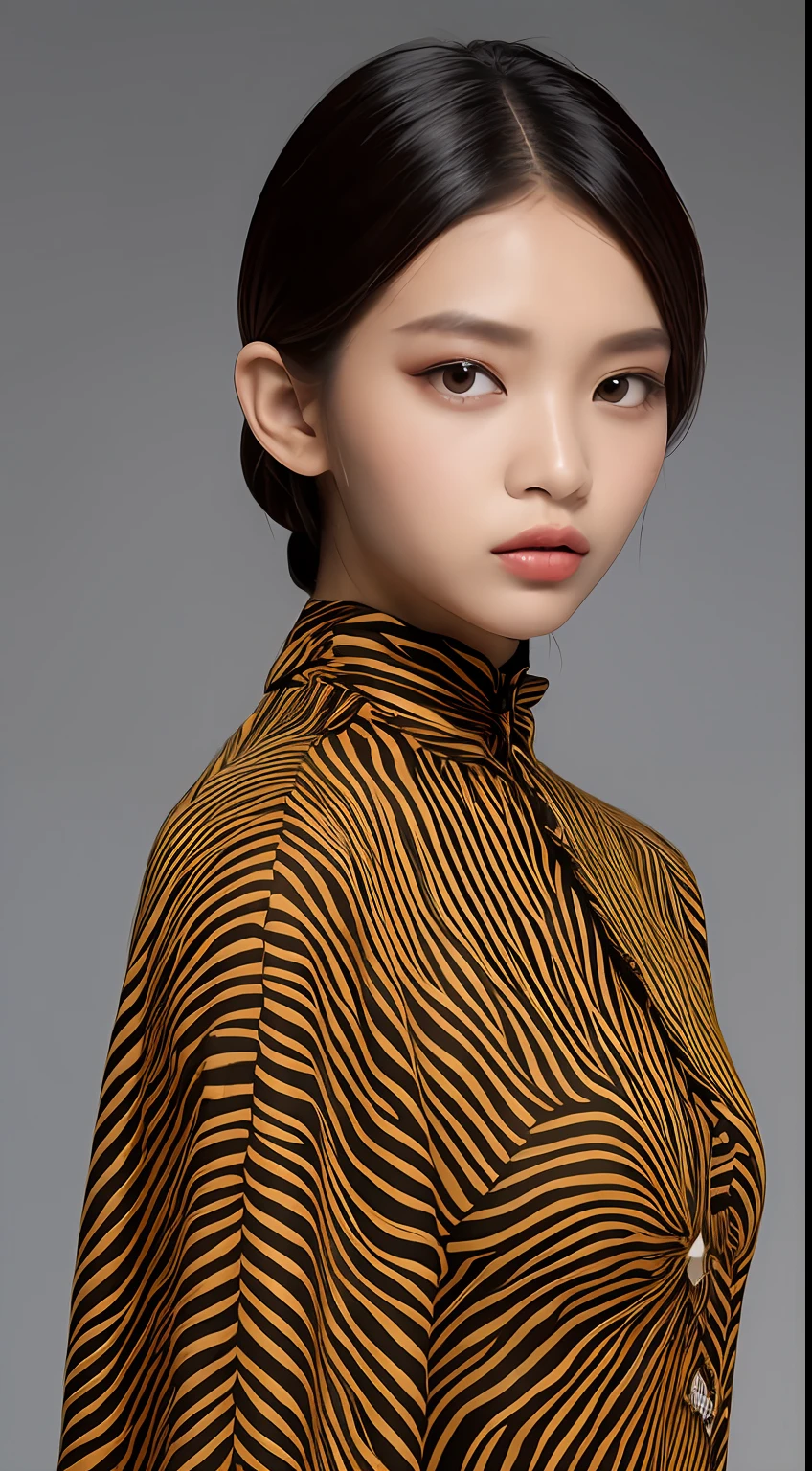 one African model ,Unique details, Y2K virtual fashion, Near future, Curvilinear details , double eyelid, plump lips, simple background