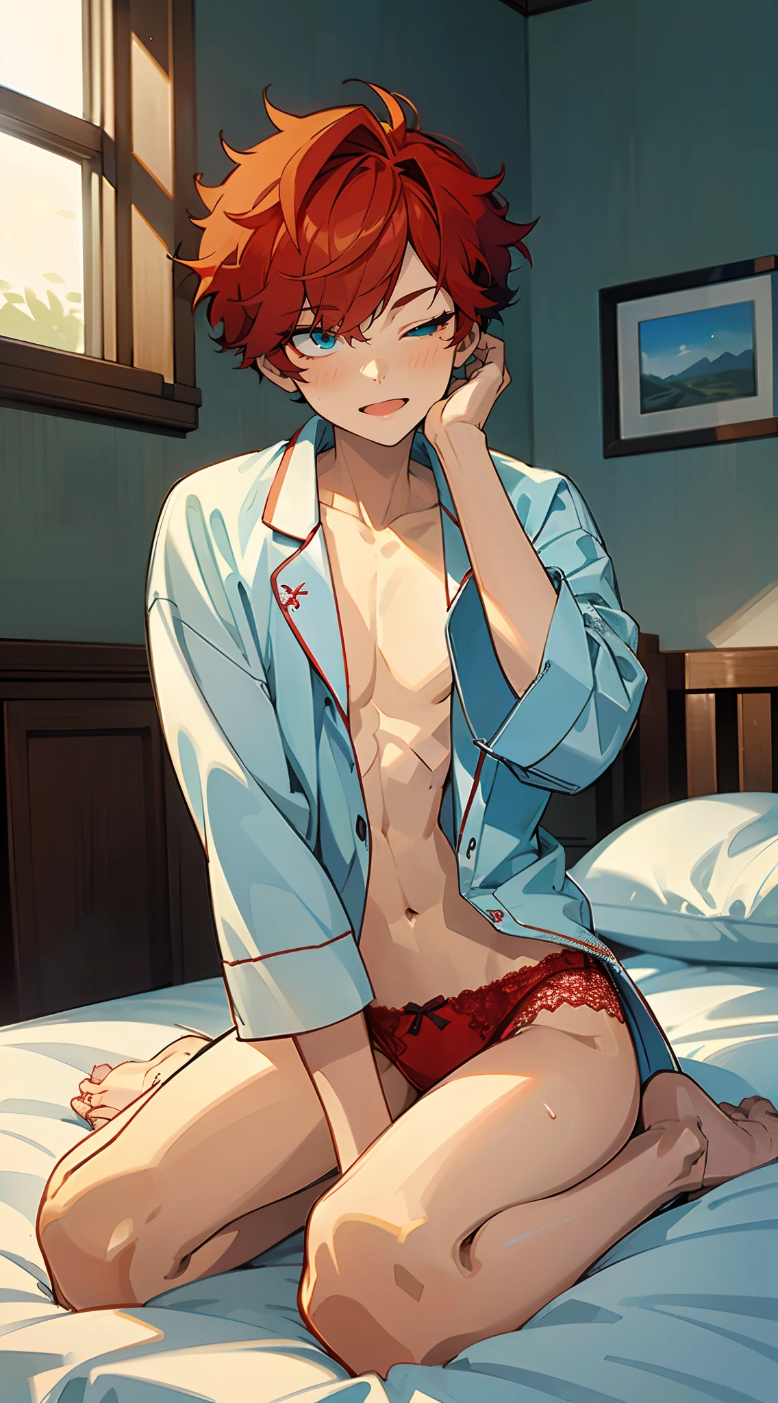 hiiro, short hair, red hair, blue eyes, absurdres, absolutely resolution, incredibly absurdres, highres, ultra detailed, official art, unity 8k wallpaper, Kinetic Typography, (1boy, solo:1.4), boy, 1boy, dynamic poses, dynamic angle, close-up, full body, (sleepy, yawning:1.4 ), (rubbing eyes, one eye closed:1.4), sitting, , wariza, sitting, hand between leg, between legs, open legs, spread legs, bare legs, pajamas, oversized clothes, oversized pajamas, (naked pajamas:1.4) , shirtless, NO SHIRT, BARE CHEST, undressing, (red lace panties:1.4), bare legs, bulge, hiiro, indoors, morning, window, bedroom, on the bed, stuffed animal, (white wall:1.4), nice hands, perfect hands, shy, blush