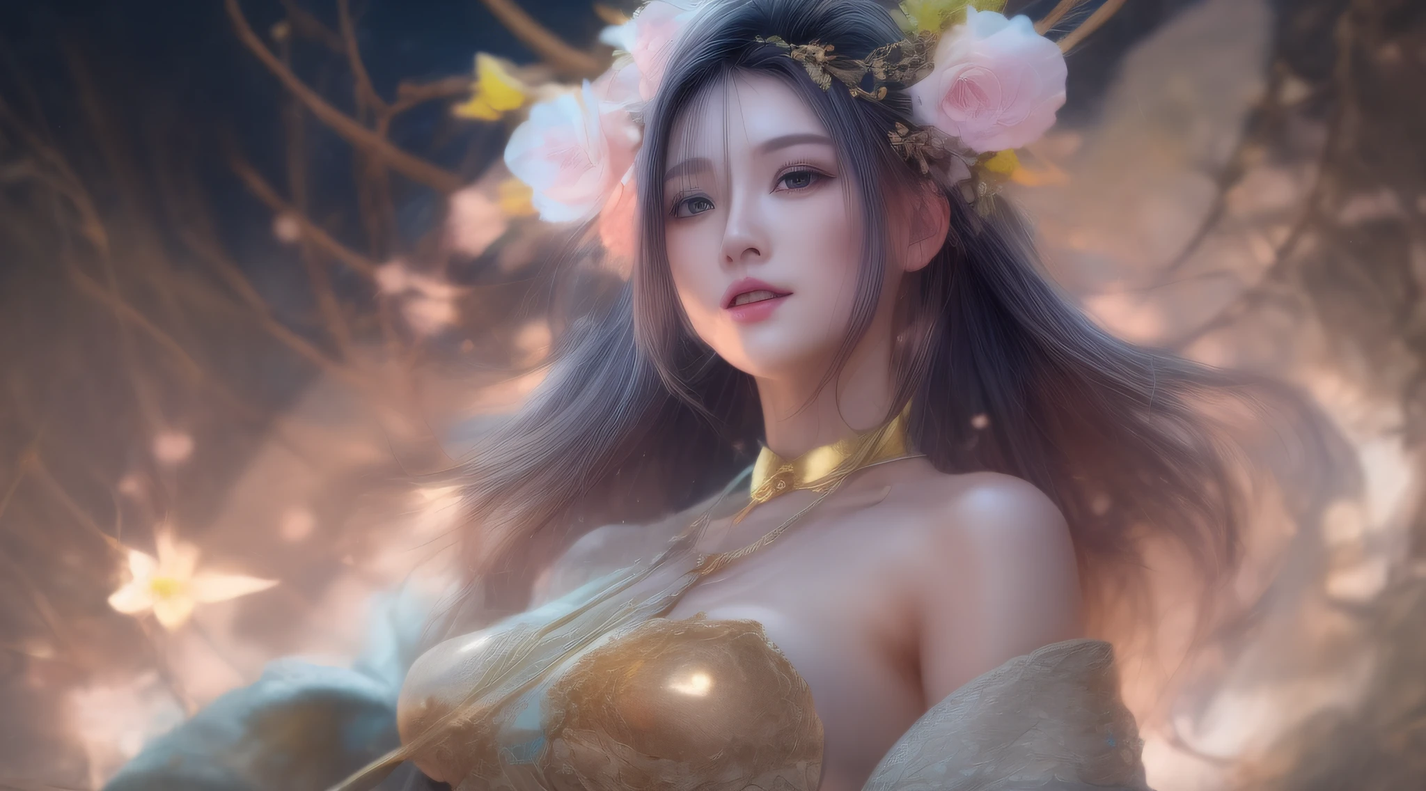 ((from below)), ((full body)), ((realistic)), ((cross legged)), Beautiful young girl, Sexy goddess, slender leg, cold light, the night, starrysky, (hanfu, Floral, One shoulder), (in pink, gold colors), Detailed scenes, Beautiful digital illustration, the detail，Hyper-detailed, (best qualtiy，tmasterpiece), ((gigantic breasts))， ((Breasts veins:1.5))，((Slim abdomen: 1.4))，flowing magical robe,