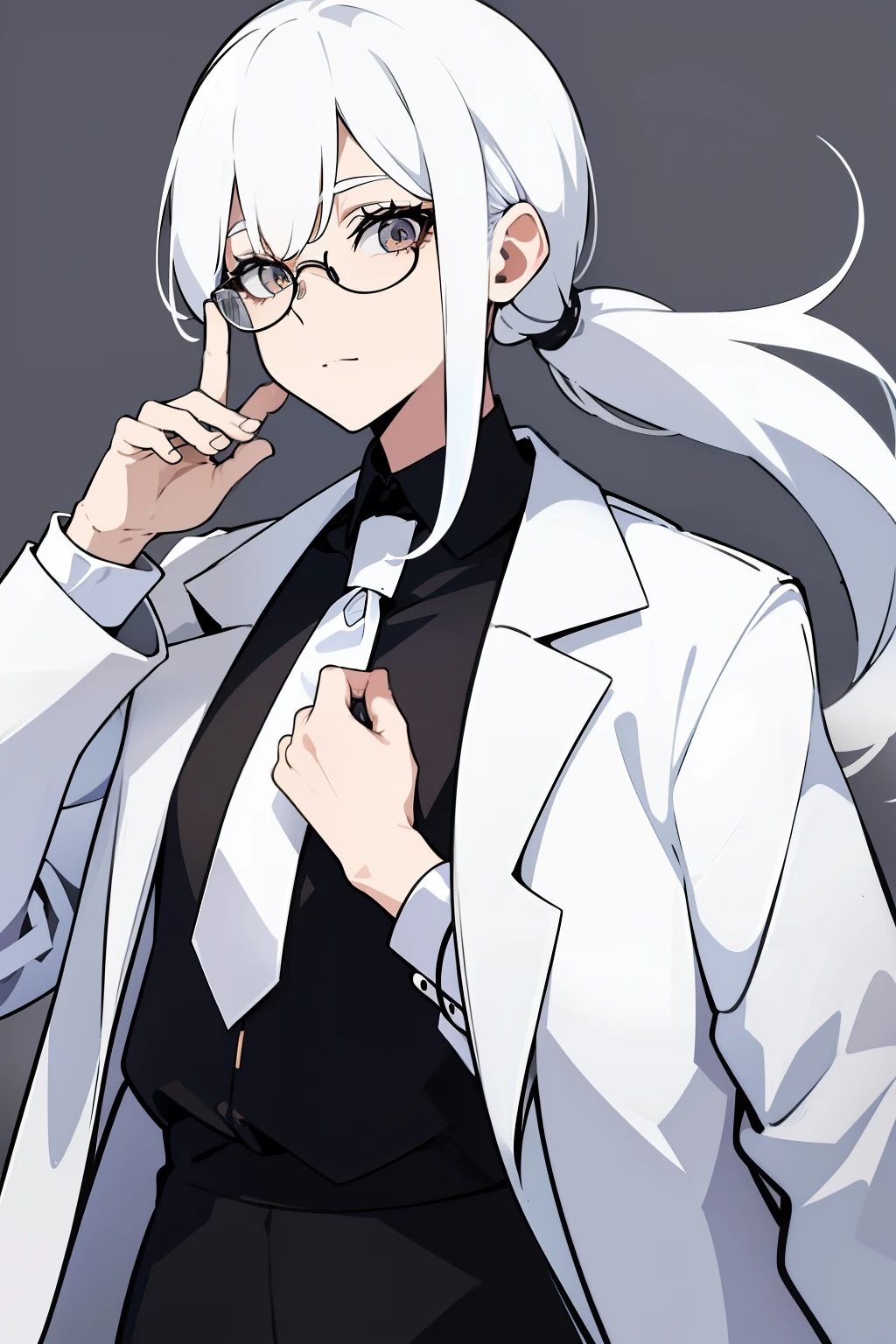 white hair color, round thin glasses, white eyelashes color, white lab coat, black shirt, ponytail, long straight hair, white eyes