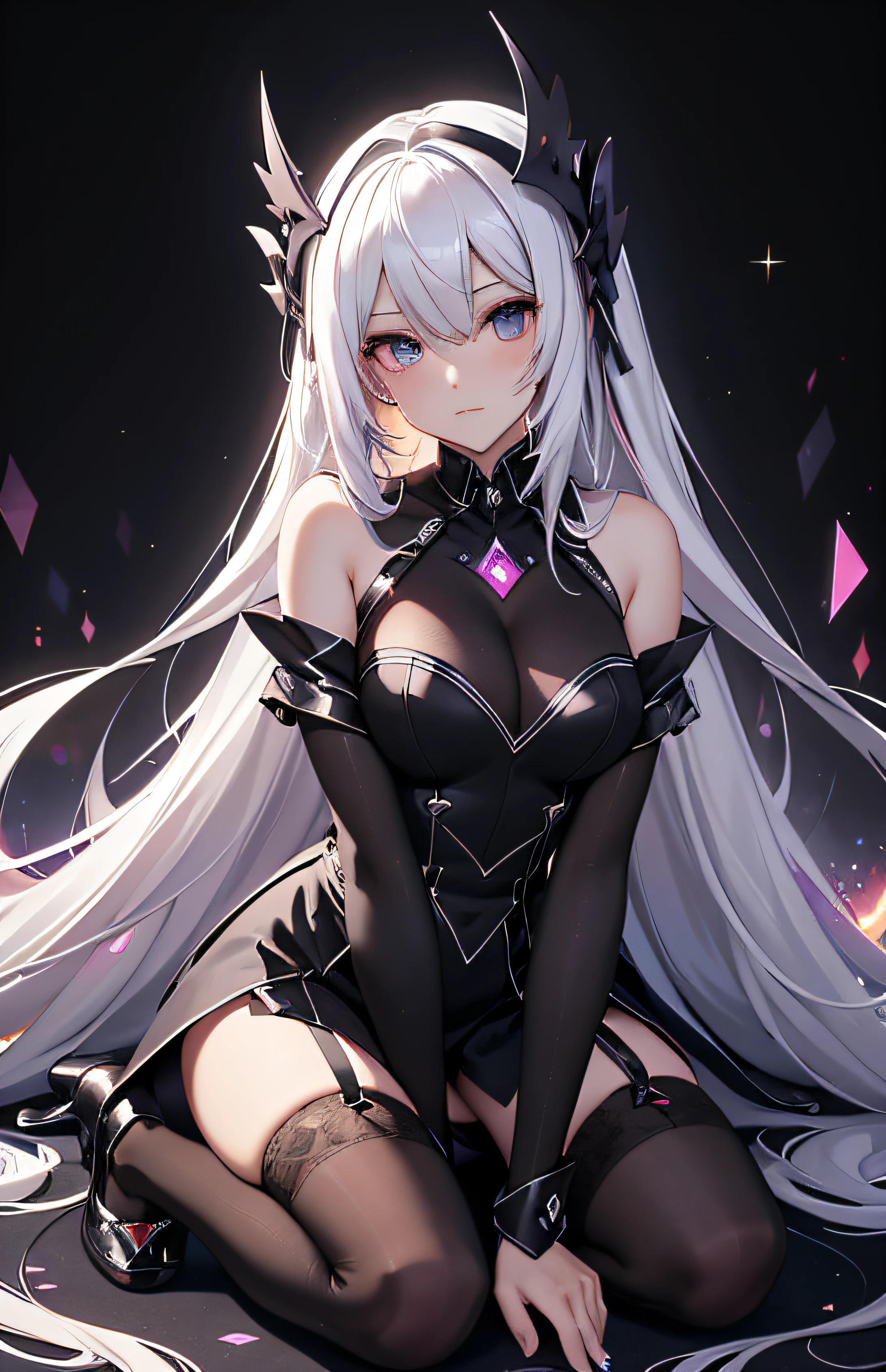 best qualityer,tmasterpiece,Ultimate resolution,downy,Extremely colorful,Colorful,Night,dark night background,Long flowing white hair,black lence stockings,a matural female,Black pedal socks,(heeled sandals),Kneel in a normal position