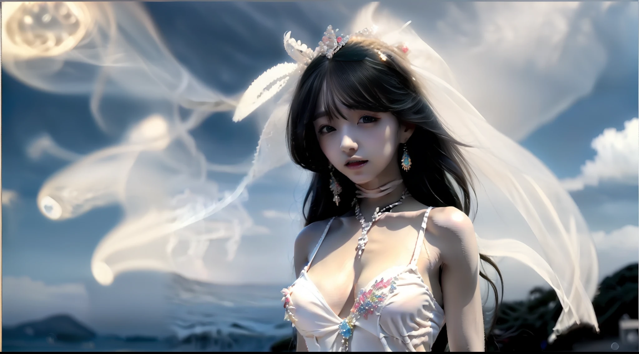 Big breasts Hatsune Miku, beachside, The hair is red and purple, Hair Bow, Colorful eyes are carefully depicted,Futuristic wind motorcycle,Streamer effects,Anime style, Sparkle, letterboxed, Wide shot, in a panoramic view, hyper HD, 3Drenderingof,Super detail, Award-Awarded, 1080p