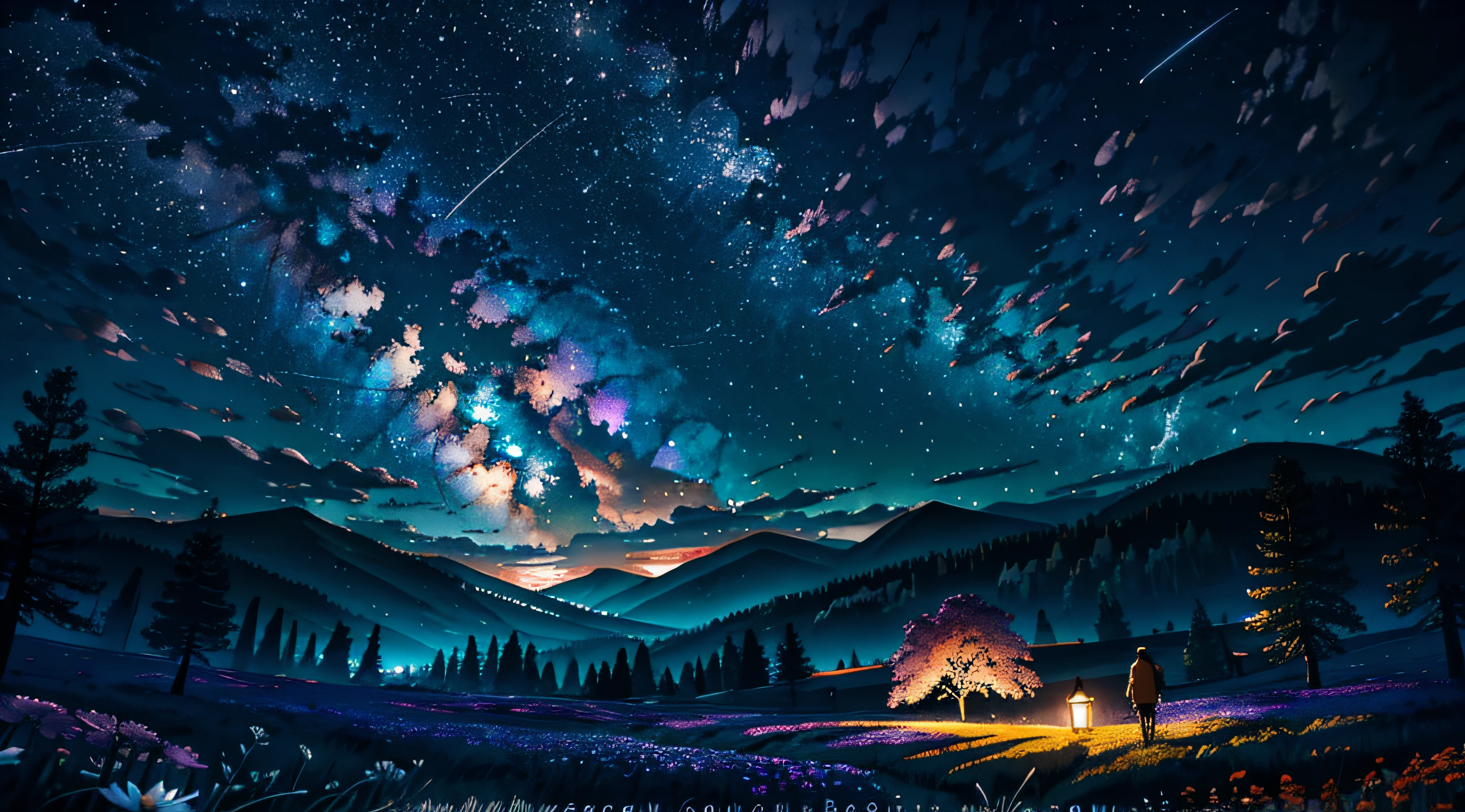 Expansive landscape photograph, (view from below with a view of the sky and the wilderness below), little girl standing in a flower field looking up, (full moon: 1.2), (shooting star: 0.9), (nebula: 1.3), distant mountain, tree break production art, (warm light source: 1.2), (firefly: 1.2), lamp, purple and orange, intricate detail, volume lighting BREAK (masterpiece: 1.2), (highest quality ), 4k, ultra-detailed, (dynamic configuration: 1.4), highly detailed and colorful details (iridescent: 1.2), (sparkling lighting, atmospheric lighting), dreamy, magical, (solo: 1.2)