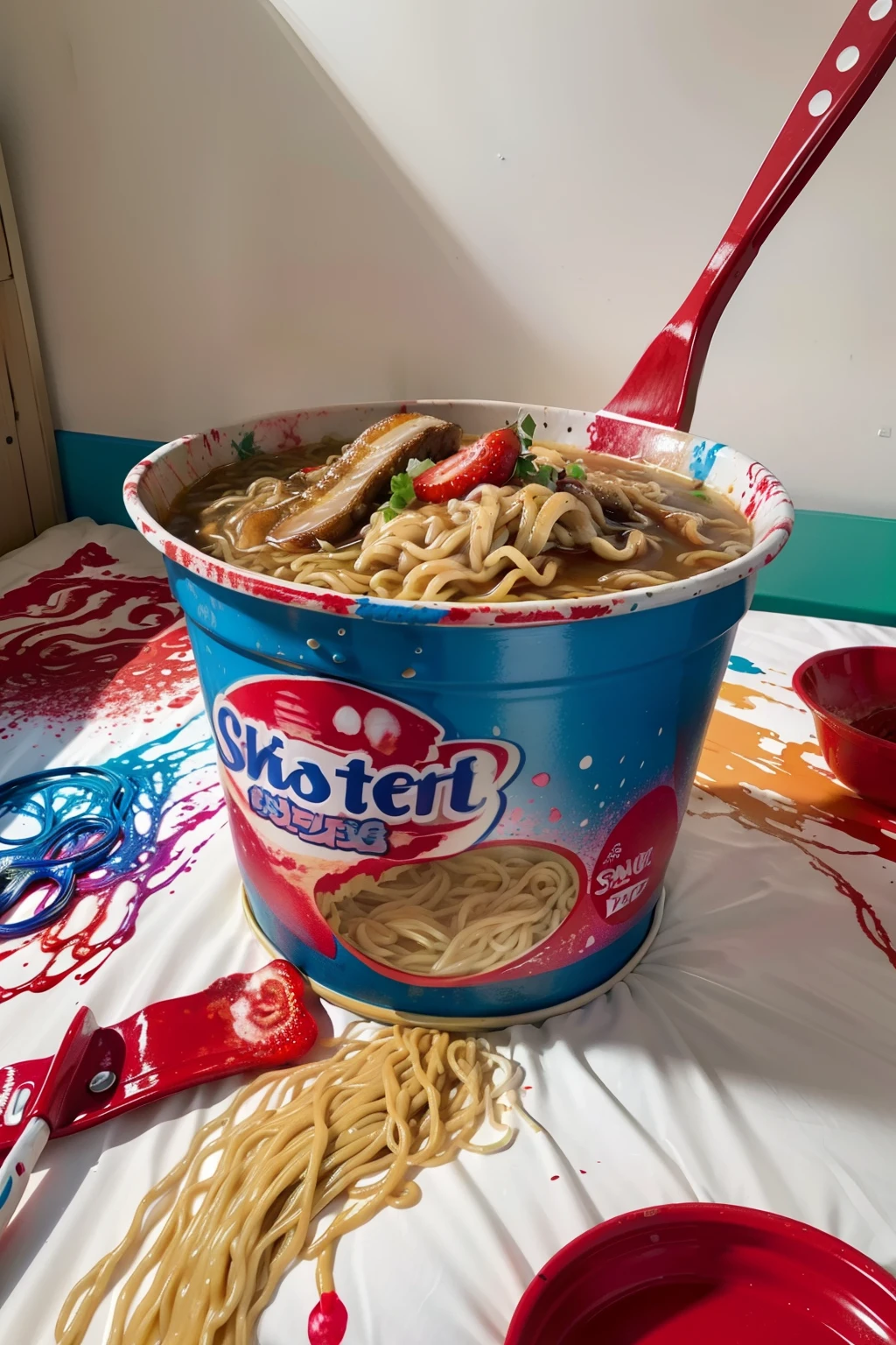 Lots of ramen in bed、(Ramen with colorful paint splattered)、Ramen is stained with colorful paint,a bucket with a lot of paint,,Paint overflowing from a bucket, (Sneakers stained with paint on the bed),Strawberries on the beds、Strawberry jam overflowing in the beds,Fender Guitar