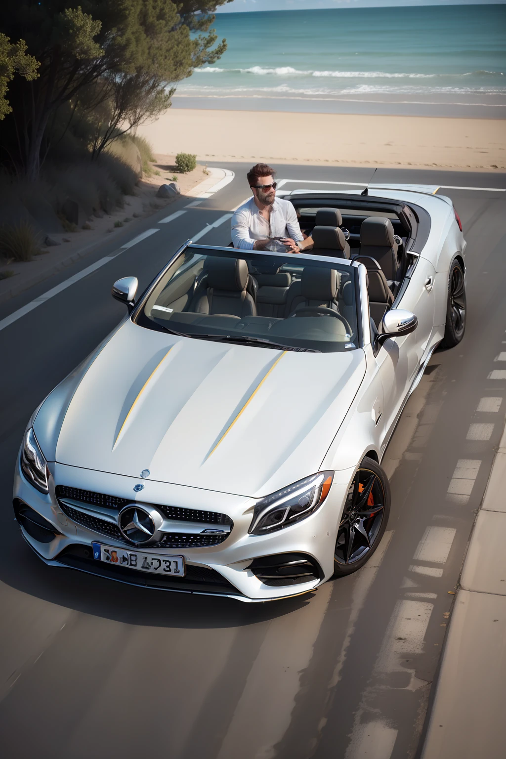 Image of a Mercedes convertible, with a couple traveling on vacation, felizes, sorridentes, foto da linha de cintura do automotiva, vehicle photography, cinematic full shot, tiro largo longo, ultra tiro largo, perfil lateral, fotografia automotiva, top down angle, photo rendering.