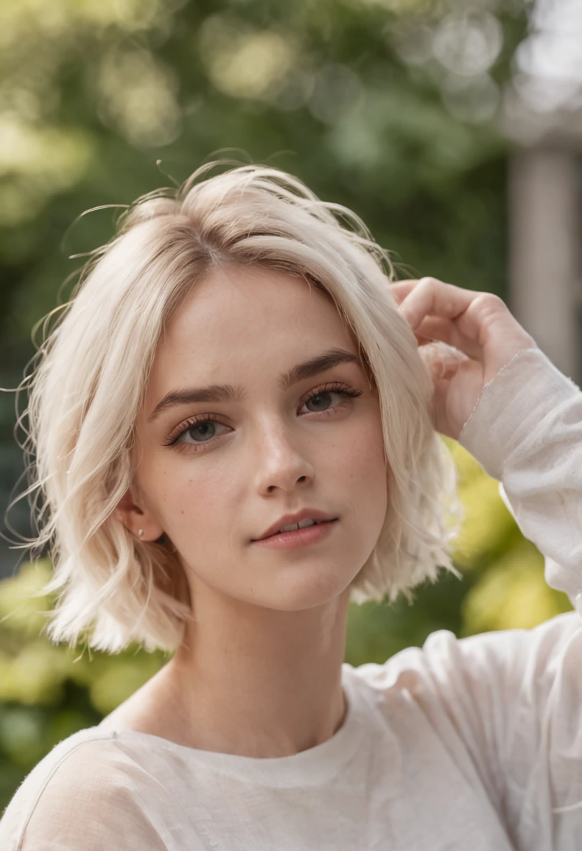selfie woman, 19 years old, emma watson, in sunglasses, with short white blonde wavy hair, street, wearing casual clothes, summer vibes, colourful scene, midshot, professional photography, ultra sharp focus