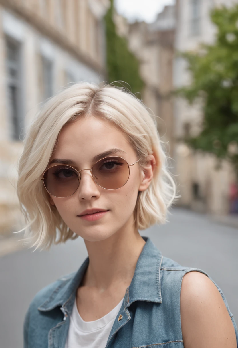 selfie woman, 19 years old, emma watson, in sunglasses, with short white blonde wavy hair, street, wearing casual clothes, summer vibes, colourful scene, midshot, professional photography, ultra sharp focus