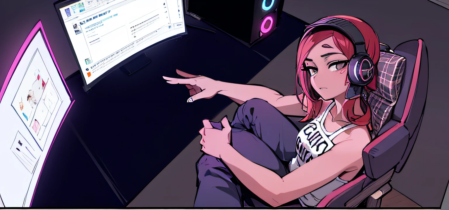 Caricatura de una mujer sentada en una silla gamer con auriculares puestos, Ilustraciones de fondo, sentado frente a una computadora, IG Studios estilo anime, [ Arte digital ]!!, juego, gamer aesthetic, Anime art style, Streamer de Twitch, Renderizado 2D, gamer, sentado frente a la computadora, gamer themed, Arte digital!!, alta calidad, mano sobre escritorio, mano sobre la rodilla, escritorio purpura oscuro gamer con RGB debajo, mano agarrando su rodilla, piernas sobre la silla, pantalon morado oscuro, blusa rosada, pantalla de juego