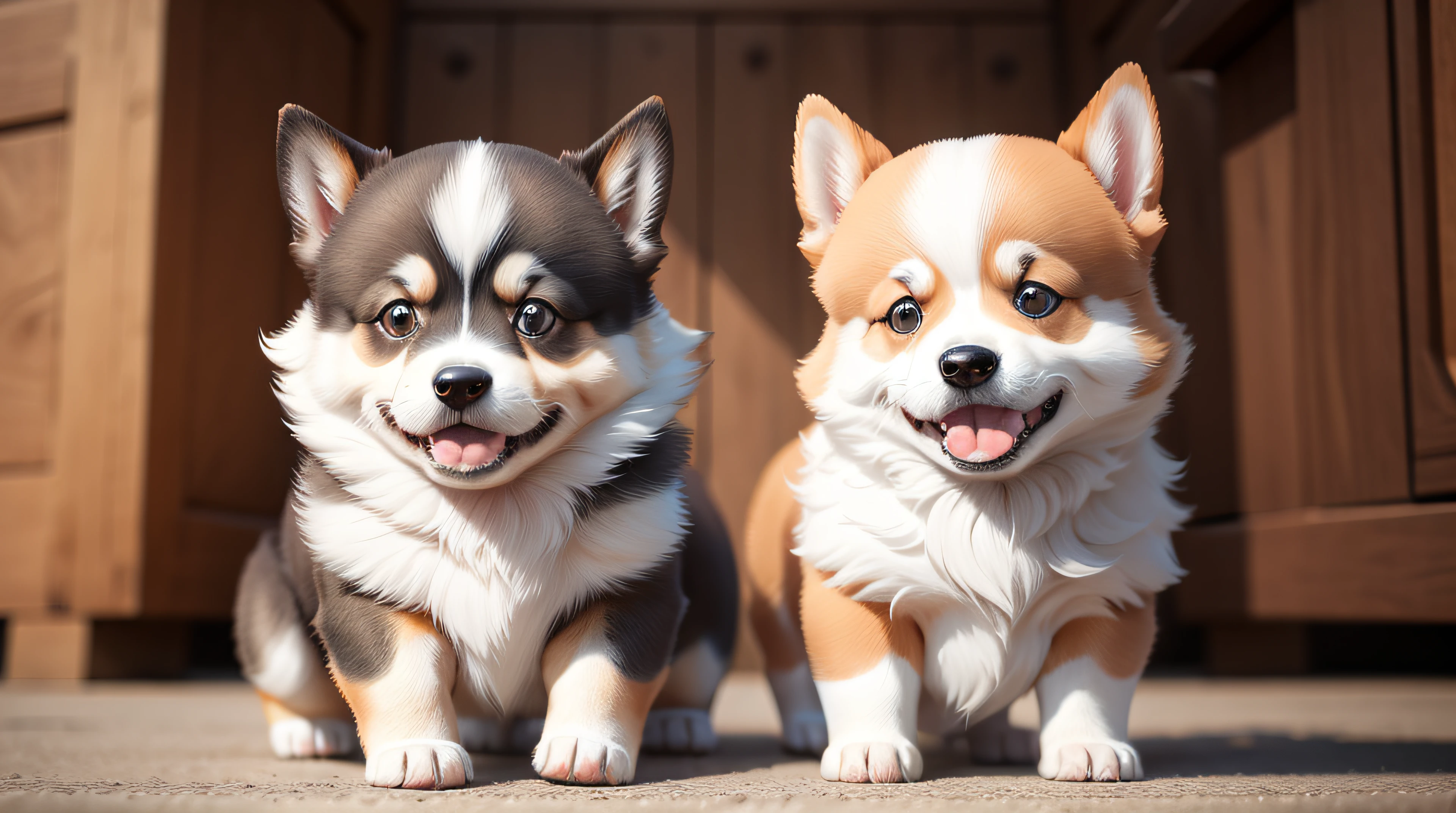 Two puppies，One is just corgi，The other is just a husky