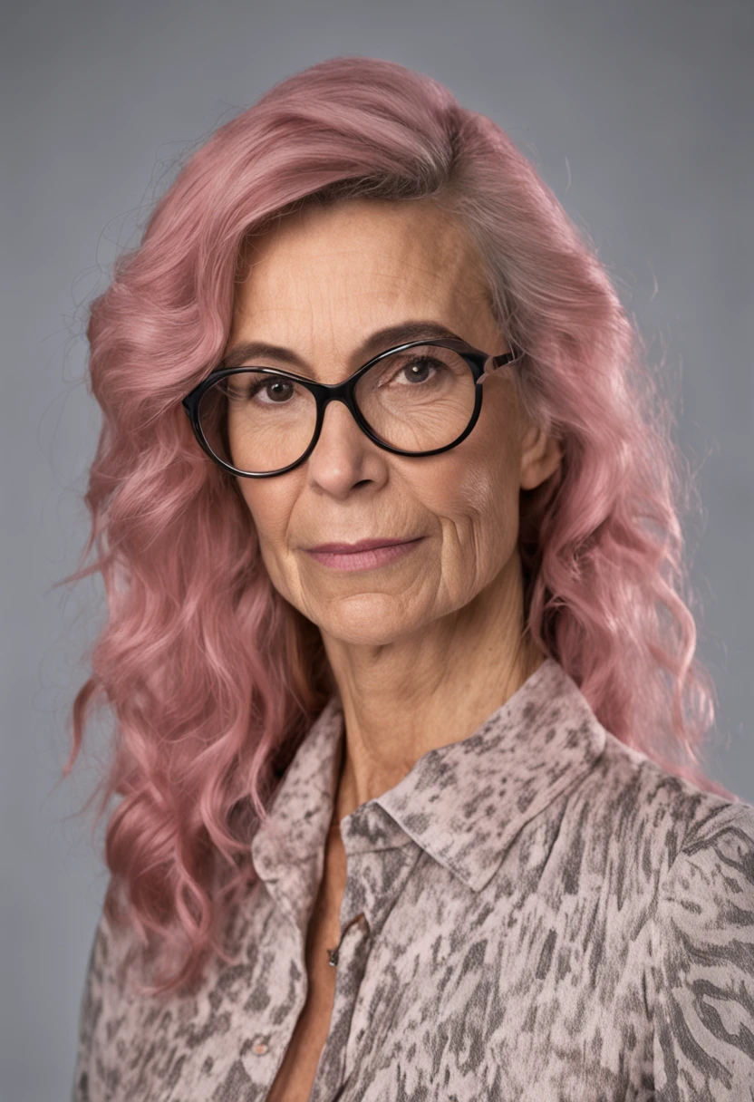 Marie-Rose Nevena Malý is a 50-year-old French woman with a height of 5'2" and a weight of 161 lbs. She has a bra size of 36C, a face shape of oval, eyebrows that are arched and thin, and eyebrow color of dark brown. Her eyes are hazel, her eye color is green, her nose is slightly upturned, her mouth is full and expressive, and her lip color is a natural pink. Marie-Rose has shoulder-length wavy hair that is a mix of gray and brown, and her hair color is mostly gray. (She wears a white button-down shirt, a black pencil skirt, black stockings, and black pumps.)