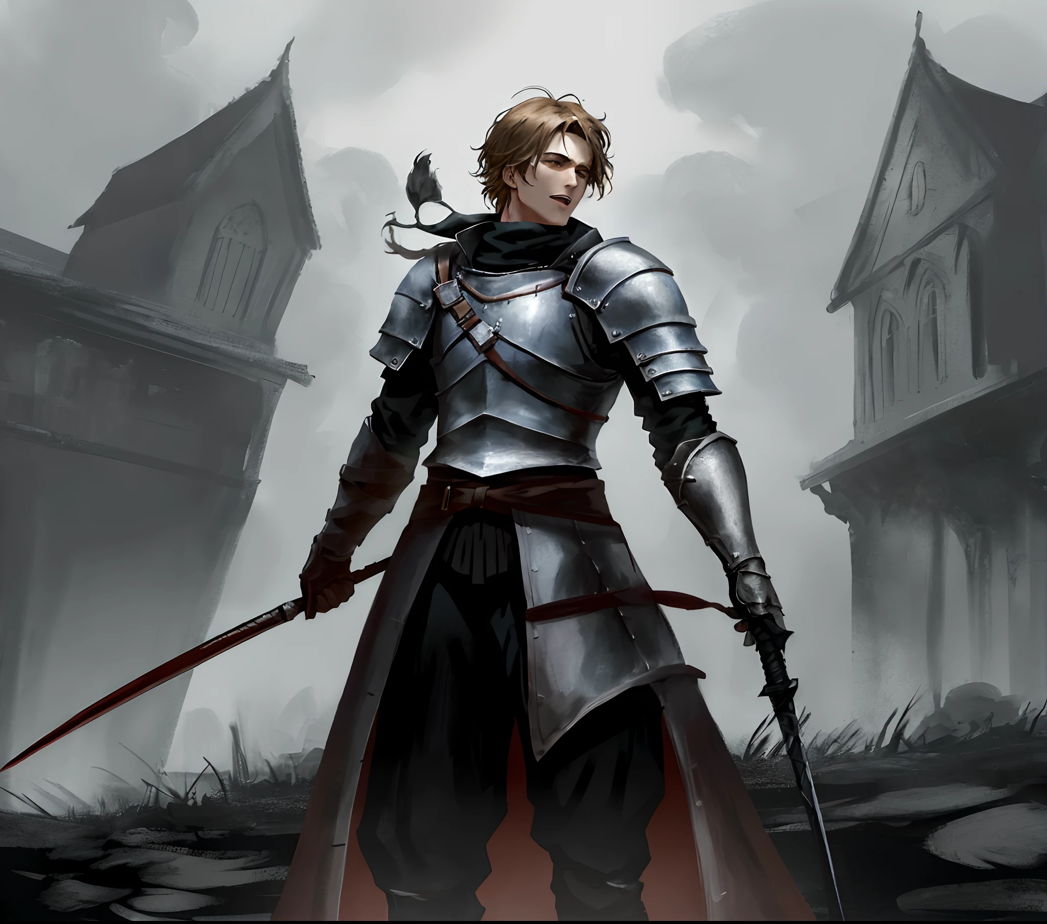 Garoto de 22 anos, com roupa de cavaleiro de Dark souls, estilo anime