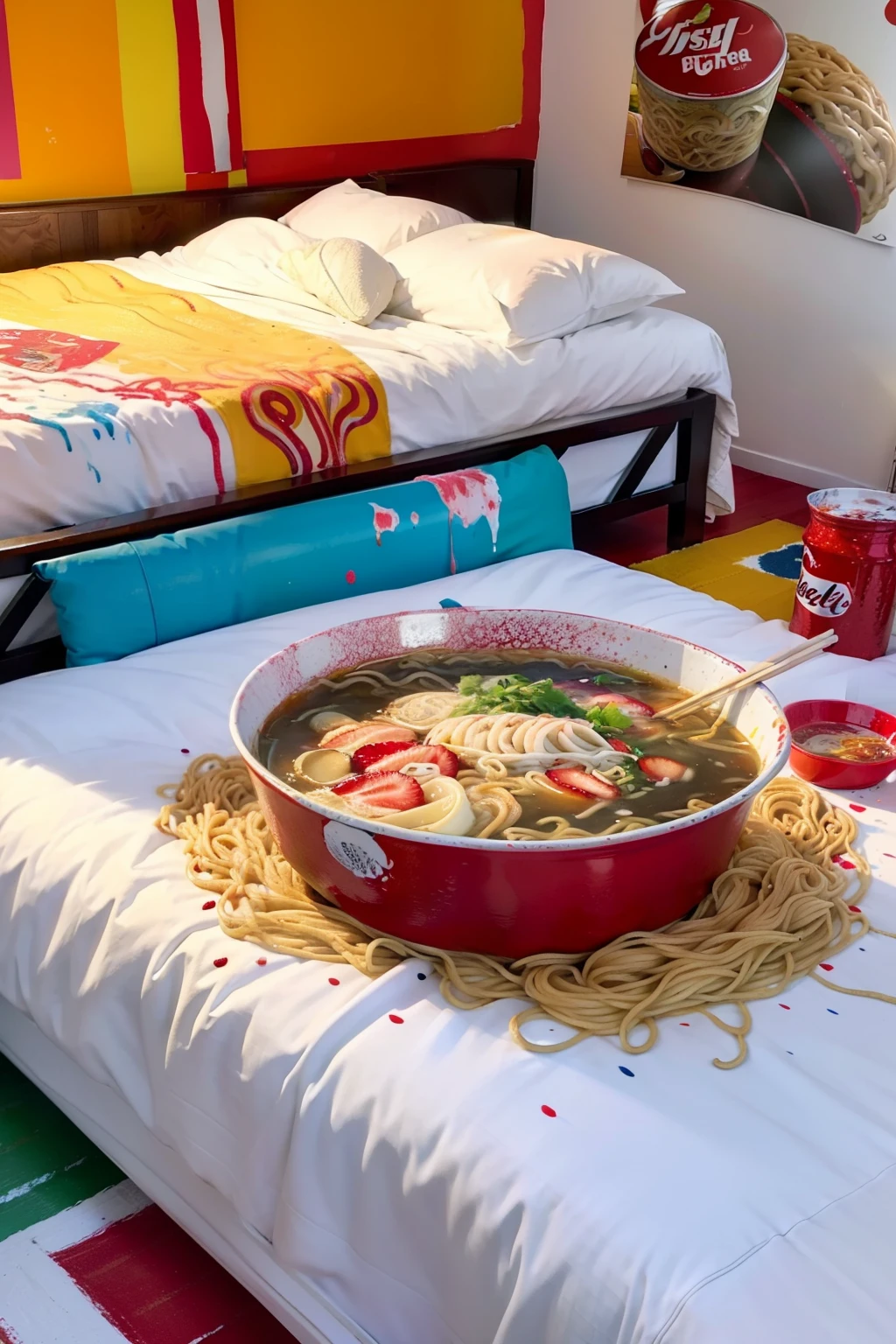 Lots of ramen in bed、(Ramen with colorful paint splattered)、Ramen dyed with colorful paints,a bucket with a lot of paint,,,Paint overflowing from a bucket, (Sneakers stained with paint on the bed),Strawberries on the beds、Strawberry jam overflowing in the beds,Fender Guitar