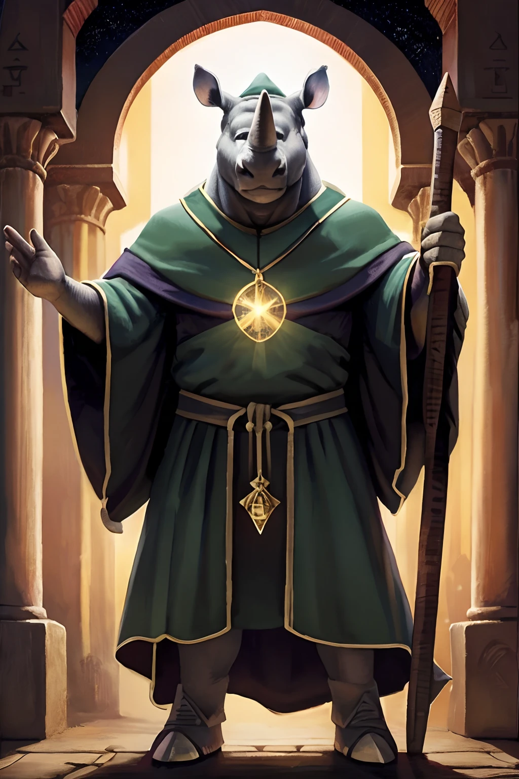 «»A photorealistic portrayal of a strong and studious rhinoceros dressed in a set of traditional magus robes. The rhino should be depicted wearing a flowing robe, and wizard hat, ready to demonstrate the arcane arts. The rhino magus should be posed with a determined and confident stance, perhaps holding a tome or staff. The background should be a savannah or rural village emphasizing the rhino's role as a sage or healer. The lighting should be bright and focused on the rhinoceros, highlighting its rugged features. The camera shot should be a full-body shot, capturing the rhino's powerful presence and the fine details of its magus robes. The resolution should be 8K or higher to showcase the majestic textures of the rhino's skin and the magical instruments. The render style should aim for an oil painting or classical look, suitable for a grounded but epic book cover. Art inspirations can be drawn from depictions of priests and wizards. (((rhinoceros mage))), (((wizard robes))), (((savannah))), (((bright lighting))), (((full-body shot))), (((8K resolution))), (((fantasy render style))).»