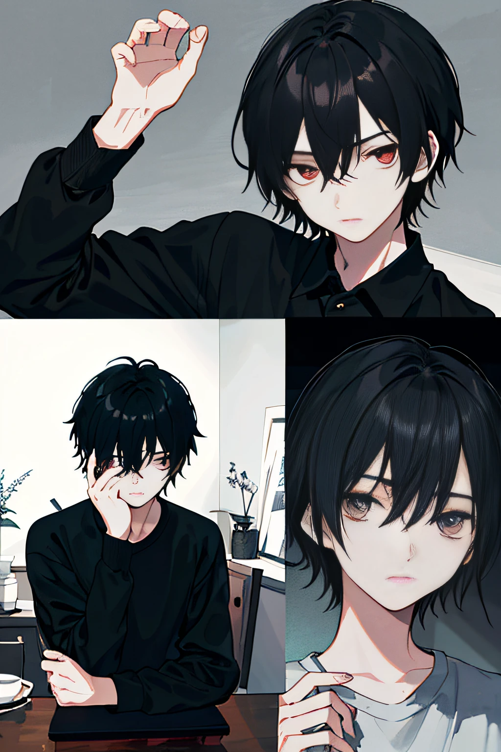 (Dark melancholy painting style+Room background),(There is only one male character:Around )、(黑The eye)、(Black hair+covering eyes)、(depressed eye)、(short detailed hair)、(The upper part of the body)