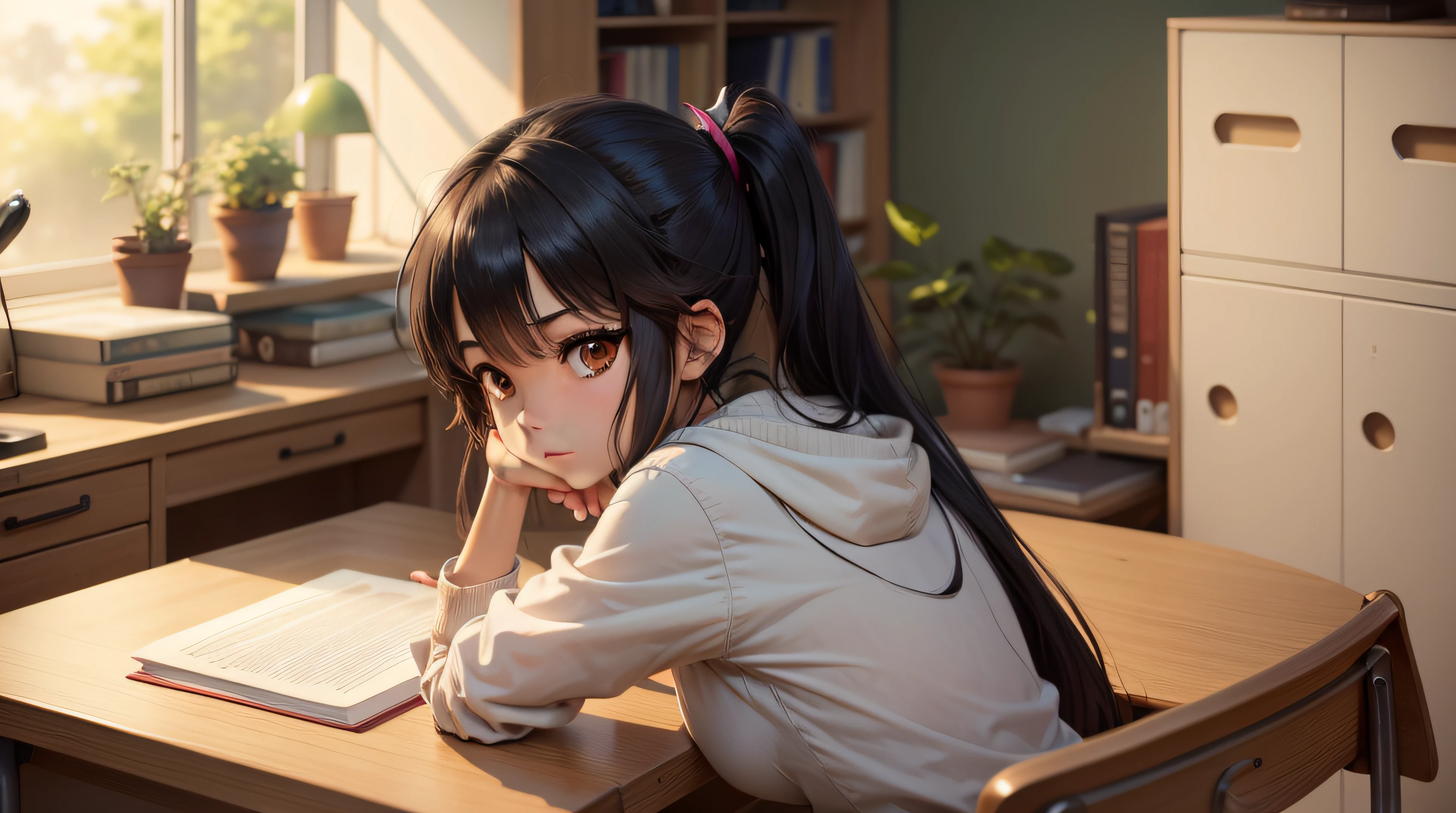 Anime girl sitting at a desk with a book and a laptop - SeaArt AI