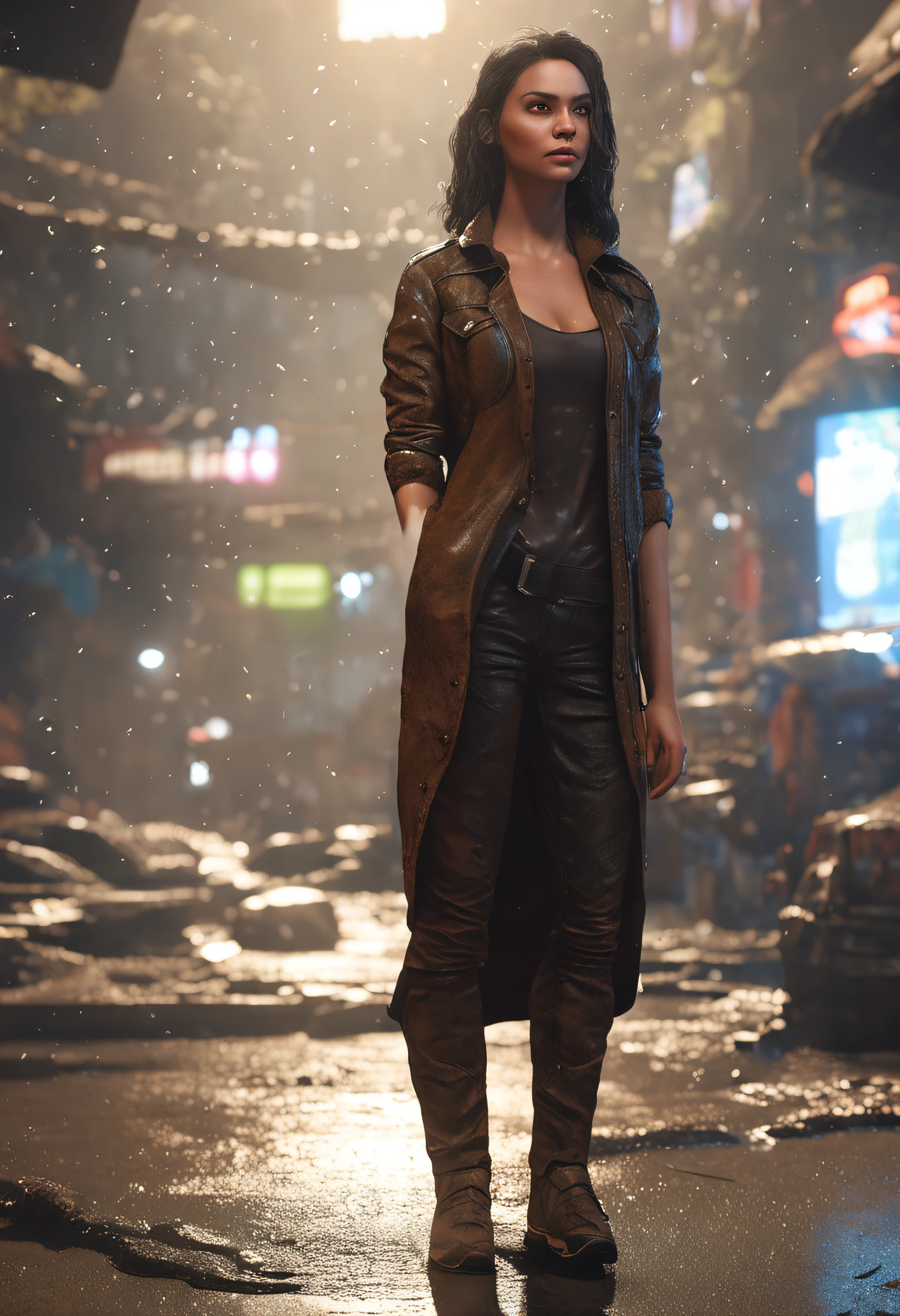 (Professional 3D Rendering:1.3) by (Realistic:1.3) World's most beautiful art photo of Standing body, full body and front, Angel her serene face radiates wisdom and love, location Fantastic universe, majestic cluttered environment)) , full body 8k unit render, action shot, skin pores, very dark lighting, heavy shading, detailed, detailed face, (vibrant, photorealistic, realistic, dramatic, dark, sharp focus, 8k), (old leather clothes weather-damaged:1.4), ((((Use furs)))), (intricate:1.4), decayed, (highly detailed:1.4), digital painting, octane rendering, Seasons Art, Concept-Art, smooth, sharp focus, illustration, art germ, (Loish:0.23), Wlop Ilya Kuvshinov, and Greg Rutkowski and Alphonse Mucha Gracias, (global lighting, studio light, volumetric light), heavy rain, floating particles, rascal, fantasy, Eleven , full bodyesbian, ((Dark old city background:1.3)),CGSesociety,Art Stations