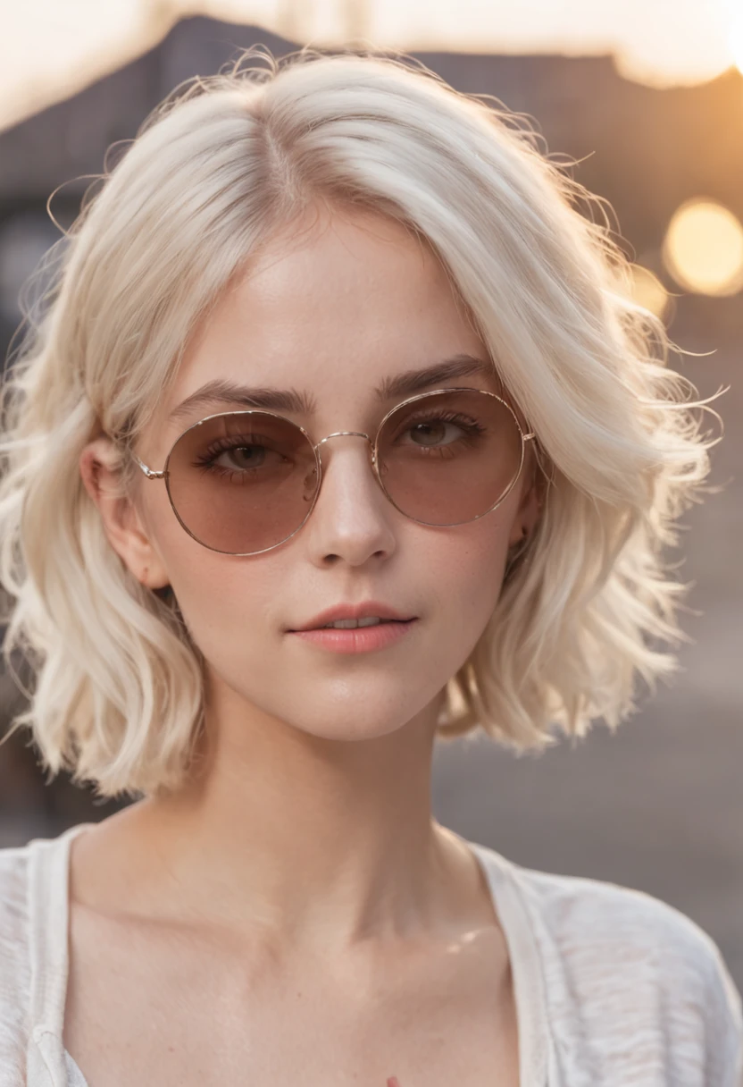 selfie woman, 19 years old, emma watson, in sunglasses, with short white blonde wavy hair, street, wearing casual clothes, summer vibes, colourful scene, midshot, professional photography, ultra sharp focus