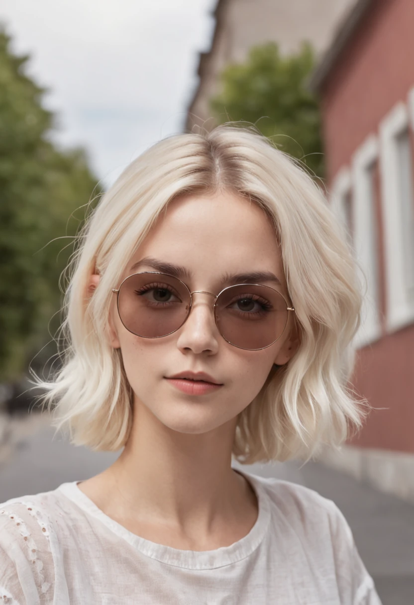 selfie woman, 19 years old, emma watson, in sunglasses, with short white blonde wavy hair, street, wearing casual clothes, summer vibes, colourful scene, midshot, professional photography, ultra sharp focus