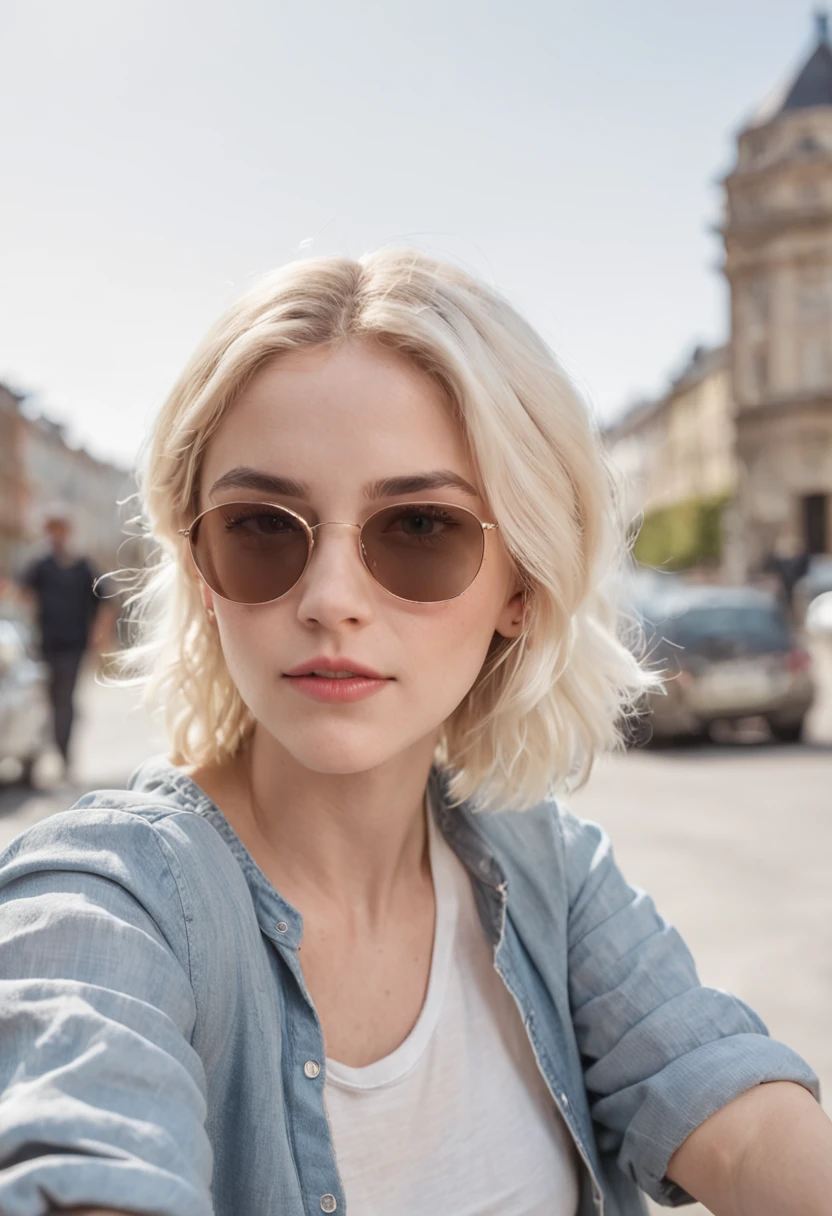 selfie woman, 19 years old, emma watson, in sunglasses, with short white blonde wavy hair, street, wearing casual clothes, summer vibes, colourful scene, midshot, professional photography, ultra sharp focus