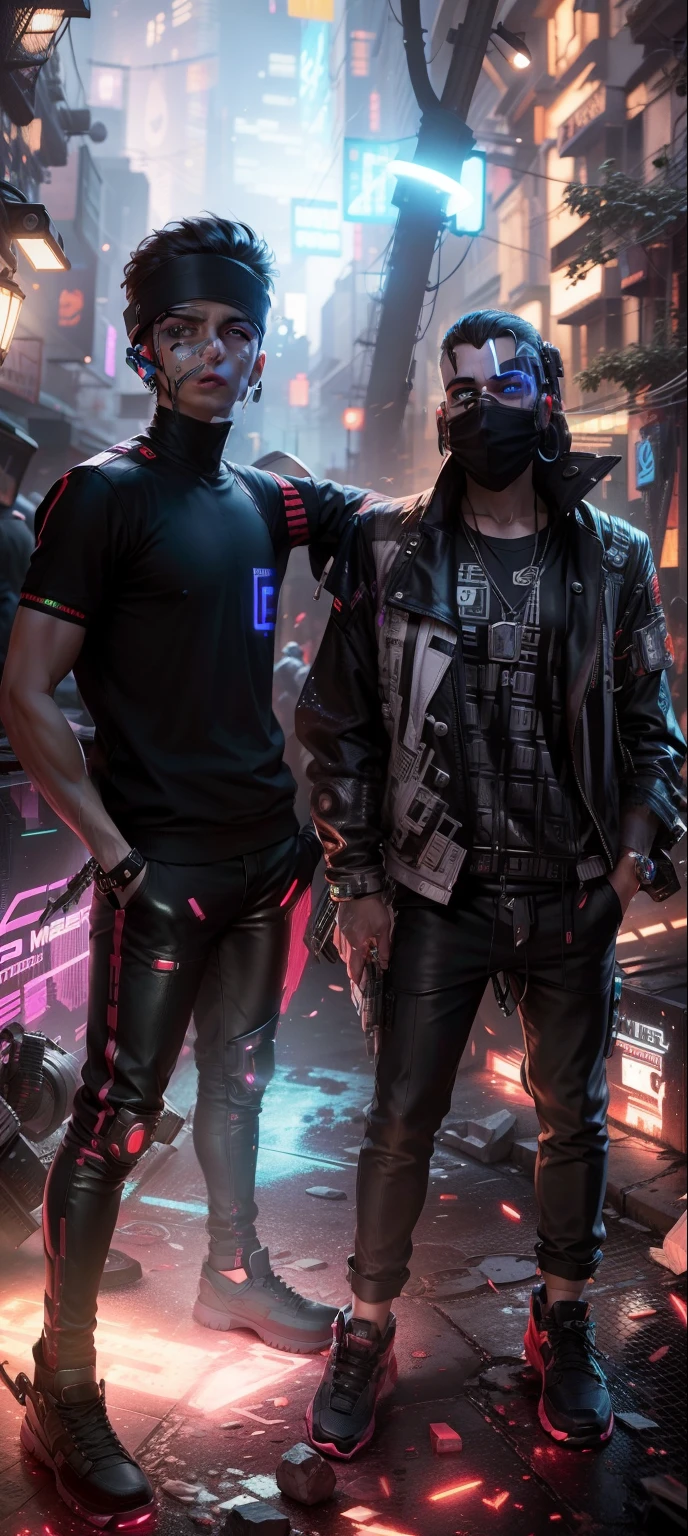 Cyberpunk Tech 8K texture 1boy neon rain hood handsome trousers center bulge abs fluorescent hair --auto