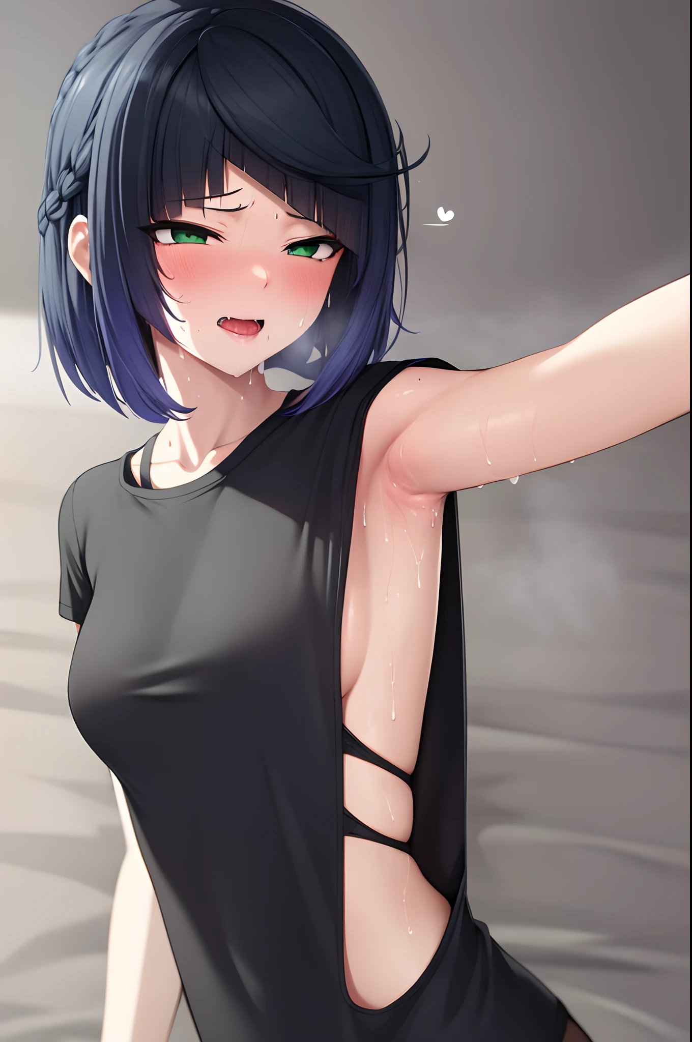 suggestive:1.3), (corruption), 1yelan, (Black T-shirt), black hair, green eyes, blush, upper body, (ahegao:1.1),(naughty face), collarbone, trembling, sweat, sweatdrop, heart, skindentation, (crazy:1.3), (speed lines), (at home) , in bed, (armpit)