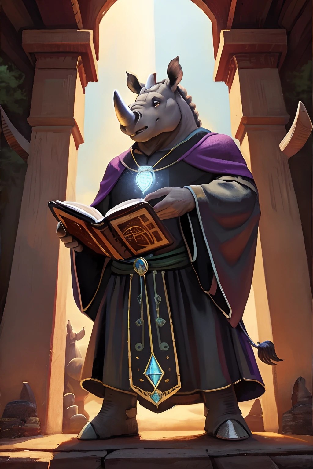 «»A photorealistic portrayal of a strong and studious rhinoceros dressed in a set of traditional magus robes. The rhino should be depicted wearing a flowing robe, and wizard hat, ready to demonstrate the arcane arts. The rhino magus should be posed with a determined and confident stance, perhaps holding a tome or staff. The background should be a savannah or rural village emphasizing the rhino's role as a sage or healer. The lighting should be bright and focused on the rhinoceros, highlighting its rugged features. The camera shot should be a full-body shot, capturing the rhino's powerful presence and the fine details of its magus robes. The resolution should be 8K or higher to showcase the majestic textures of the rhino's skin and the magical instruments. The render style should aim for an oil painting or classical look, suitable for a grounded but epic book cover. Art inspirations can be drawn from depictions of priests and wizards. (((rhinoceros mage))), (((wizard robes))), (((savannah))), (((bright lighting))), (((full-body shot))), (((8K resolution))), (((fantasy render style))).»