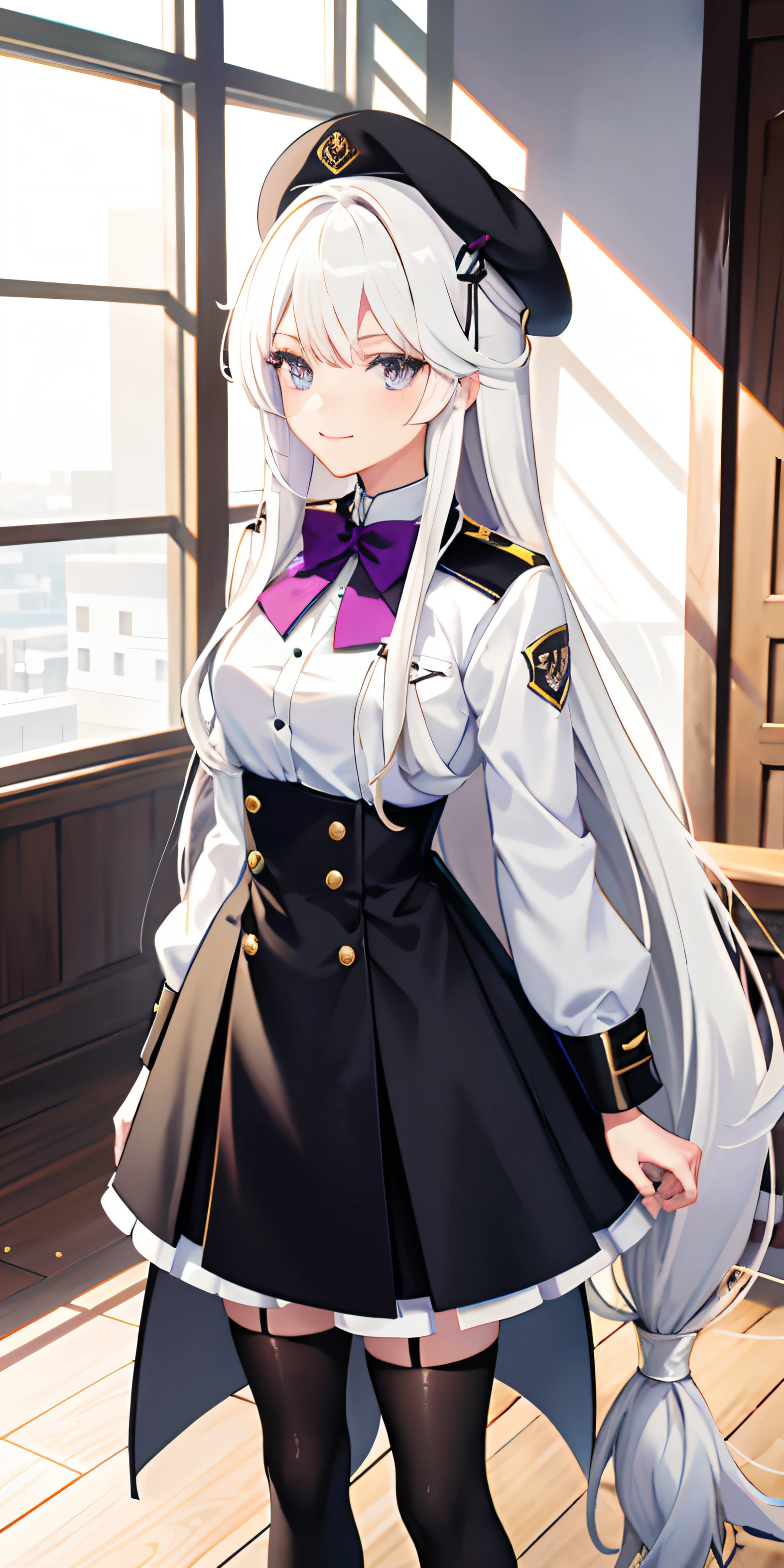 Anime characters in uniforms and hats,Horse girl,anime moe art style,Detailed anime character art,long white hair,White color blouse,black lence stockings,Purple eye,high heels boots,black short skirt,Student Union Room,wineglass,ssmile