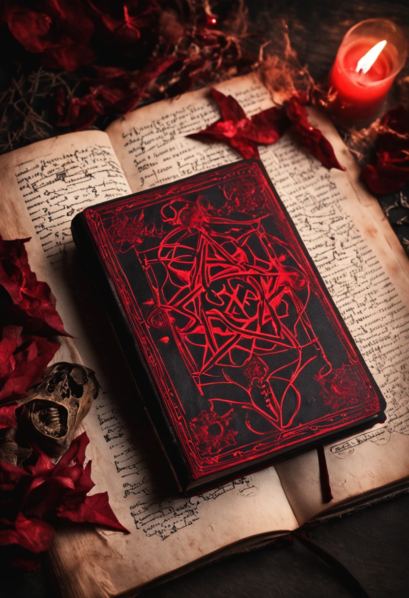 There is an image of a book with a red pentagram on it, spell book, Grimoire Page, grimoire, pentacle, Intricate secret Wiccan patterns, The Ritual of Demonic Magic, Home Wicca Scene, Chaos Magic, Floating Spell Book, Occult aesthetics Alchemy, Style "Necronomicon", Pagan occultism, Grimoire Holding