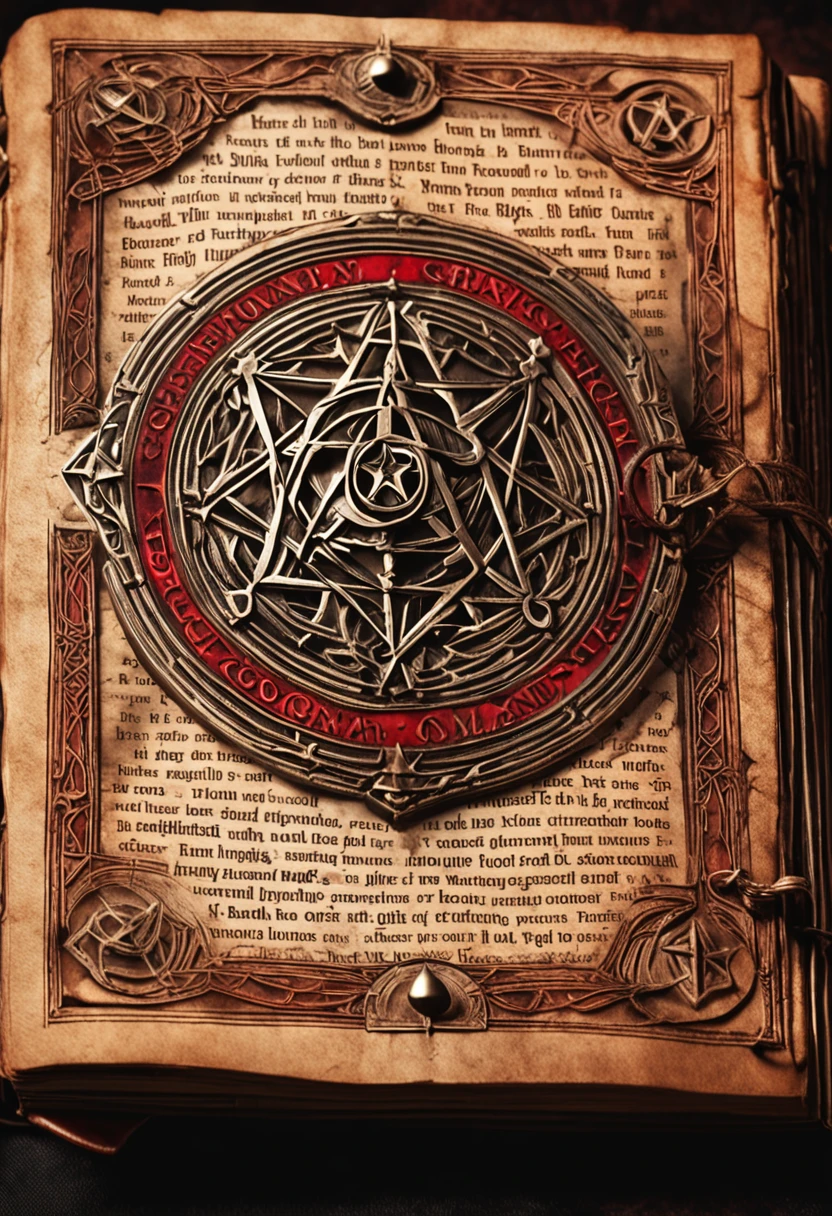 There is an image of a book with a red pentagram on it, spell book, Grimoire Page, grimoire, pentacle, Intricate secret Wiccan patterns, The Ritual of Demonic Magic, Home Wicca Scene, Chaos Magic, Floating Spell Book, Occult aesthetics Alchemy, Style "Necronomicon", Pagan occultism, Grimoire Holding
