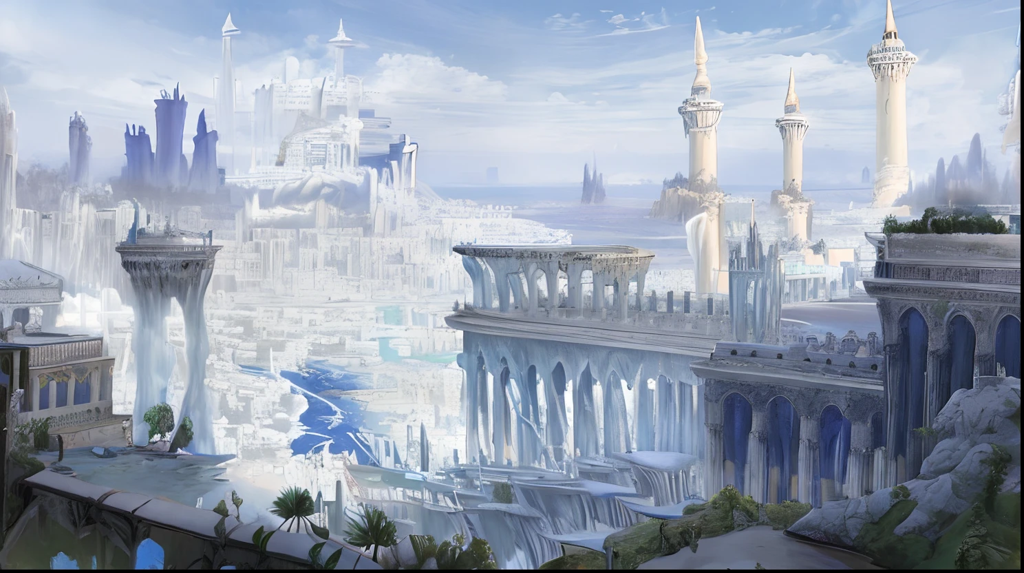 A closeup of a city with many tall buildings, Cidade Capital da Fantasia, arte de fantasia altamente detalhada, Paisagem urbana de fantasia, plainm, Grande e estruturada Valhalla City, em frente a uma cidade de fantasia, 2. 5 d cgi anime fantasia arte, Cidade da Fantasia, breathtaking fantasy art, Final Fantasy Conceito de Arte, Silvain Sarrailh, alta fantasia pintura fosca