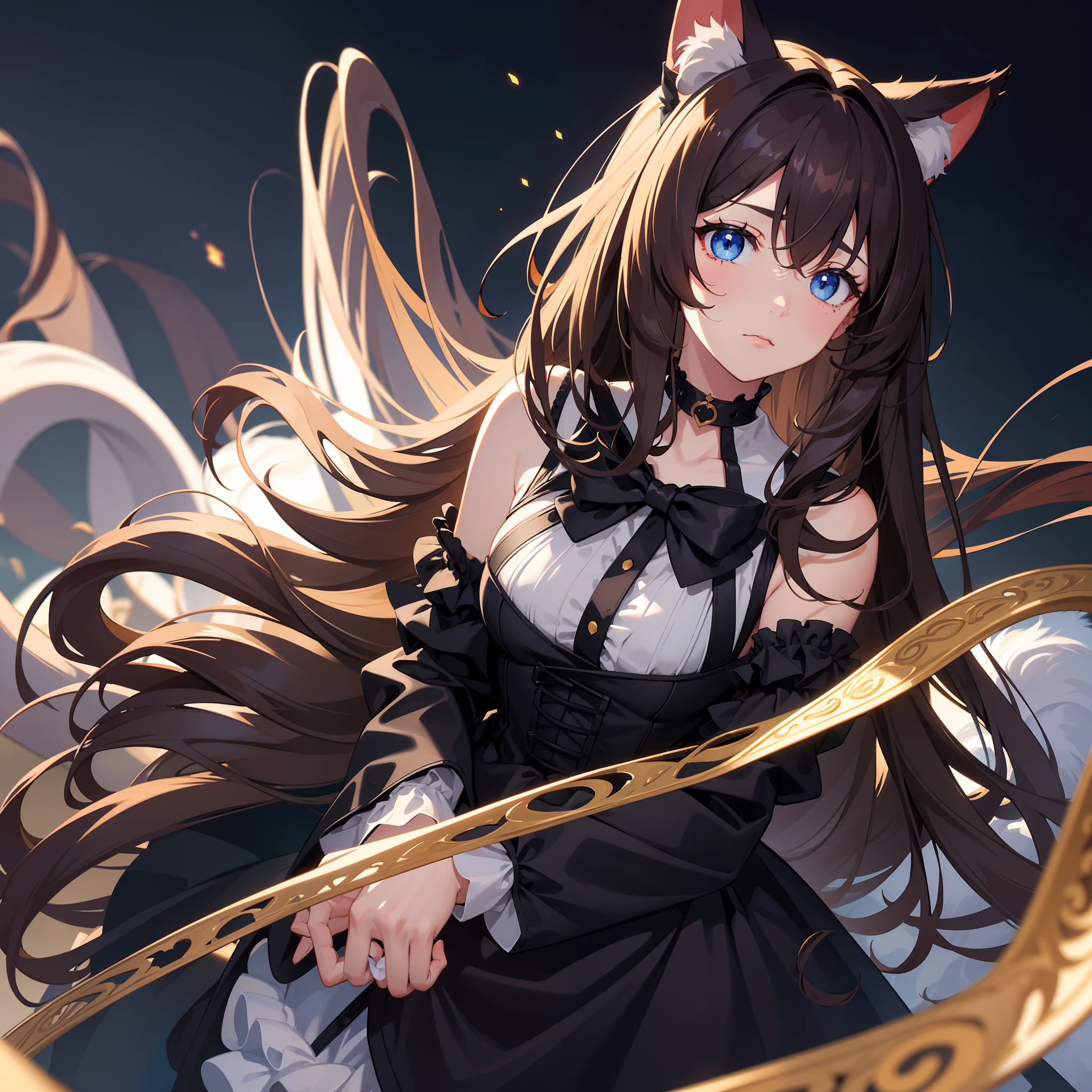 Solo1, Whole body, Illustration, (Masterpiece), (Best Quality), (Ultra-detail), Fine detail, (Depth of field), Long hair, looks at the viewer, Brown hair:,Blue eye, 
Dark circles with eyes,cat ears, upper body, Black dress, sleeveless, choker, There is a bow on the choker,Fluffy tail,ears covered with hair,tired view