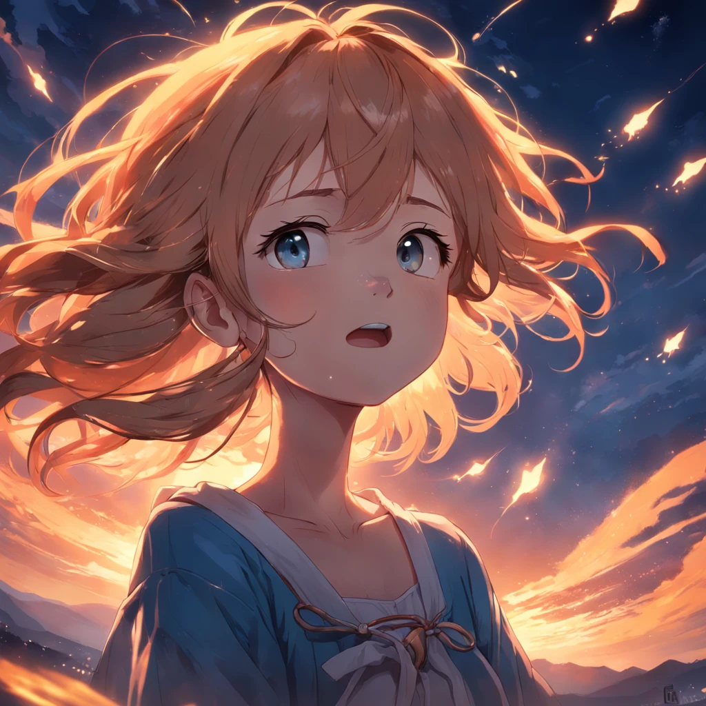 illustration above masterpiece, melhor qualidade, filme ainda, 1girl, garota nuvem, floating into the sky, close-up, brilhante, feliz, Soft lighting and Warm, sun sunset, (Sparks: 0,7)