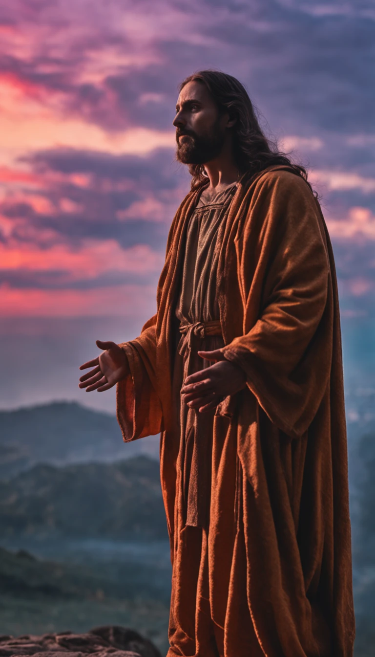 A portrait of Jesus, full body, sky, clouds, sunset, sacred aura, cinematic, realistic light