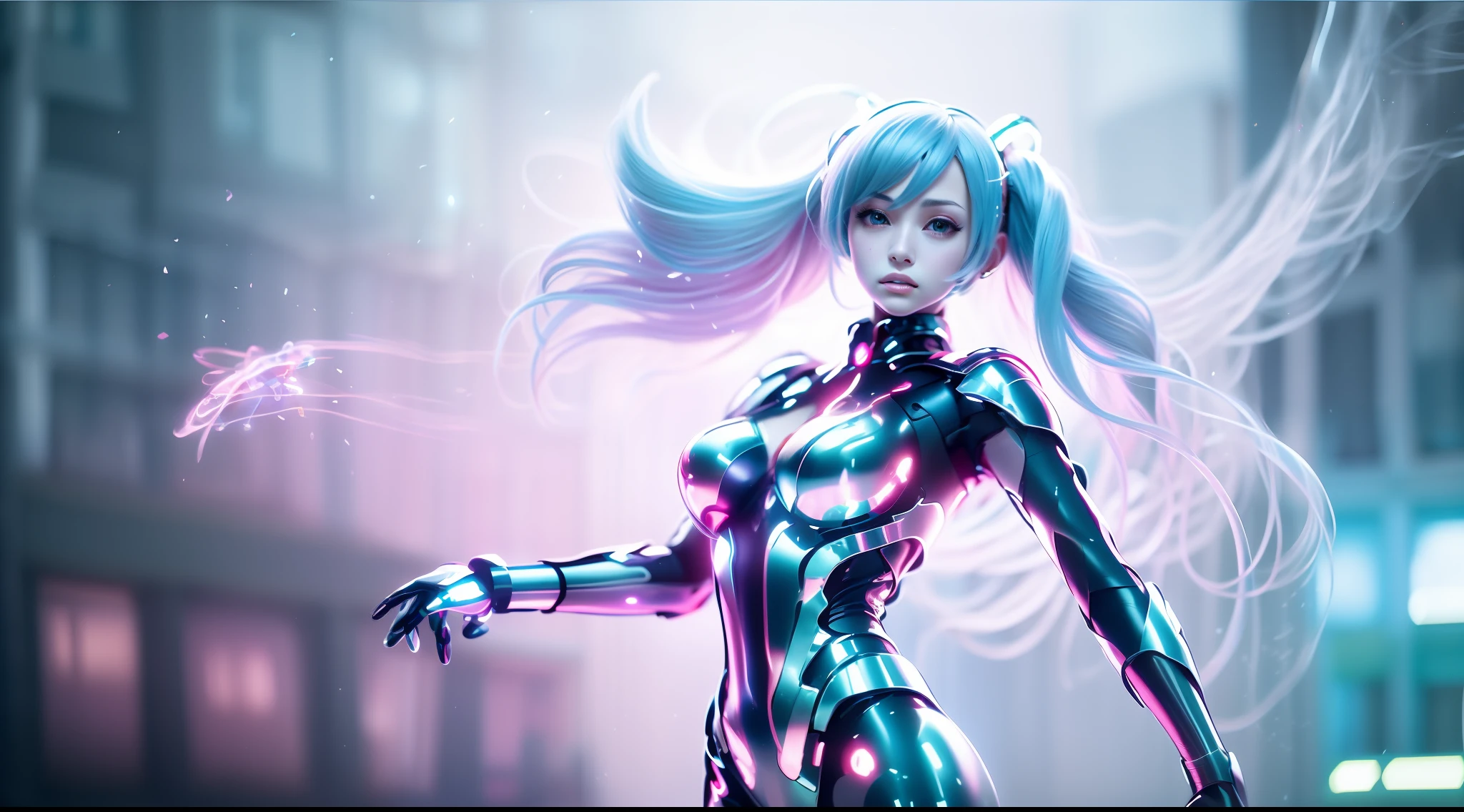 Big breasts Hatsune Miku, The hair is red and purple, Hair Bow, Colorful eyes，strong winds，Skysky，Flying streamer effects，Anime style, Sparkle, letterboxed, Wide shot, in a panoramic view, hyper HD, 3Drenderingof，Super detail, Award-Awarded, 1080p