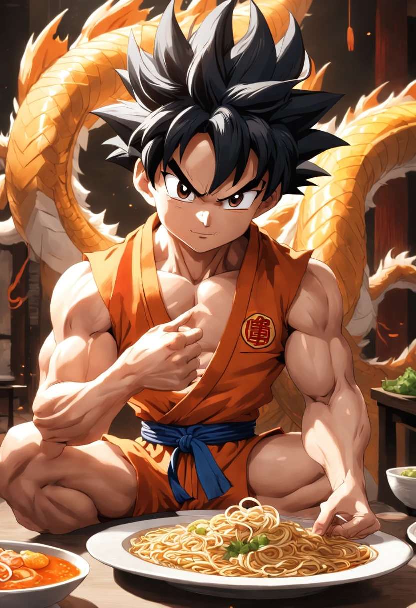 Dragon bola goku,Grande macaco, retrato de corpo inteiro,de um real,Facial features are carefully described,textura de pele realista,Estilo escuro,profundidade de campos,Luz alta,luz real,Traching de raias,oc renderizado,hyper-realistic,melhor qualidade,8k,Obras de mestres,super-fino,pelos pubianos detalhados,anatomia correta,sharp focus on eyes,Facial features are carefully described. Goku enjoying Chinese noodles in a restaurant" description: Em um restaurante aconchegante com toques orientais, Goku, O famoso guerreiro Saiyajin, is located in the kitchen, cercado por deliciosos aromas. Dressed in his iconic martial arts uniform, Goku is on a kitchen counter with a plate of Chinese noodles, enquanto segurava pauzinhos habilmente. Com um sorriso de expectativa, Goku sets out to savor the noodles with enthusiasm. His fellow Z warriors meet at a nearby table, Watching with amusement your encounter with terrestrial cuisine. Behind him, Os chefs do restaurante, vestidos com seus uniformes tradicionais, They watch in awe as the legendary fighter enjoys the meal. The atmosphere is full of warmth and camaraderie, despite the epic adventures that Goku and his friends face on a regular basis. Soft lighting enhances the scene, making the colors of the ingredients and the decoration of the restaurant shine with a warm luminosity. The image captures an unusual and relaxed moment in Goku's life, showing his more human side while enjoying an earthy meal amidst his incredible exploits.