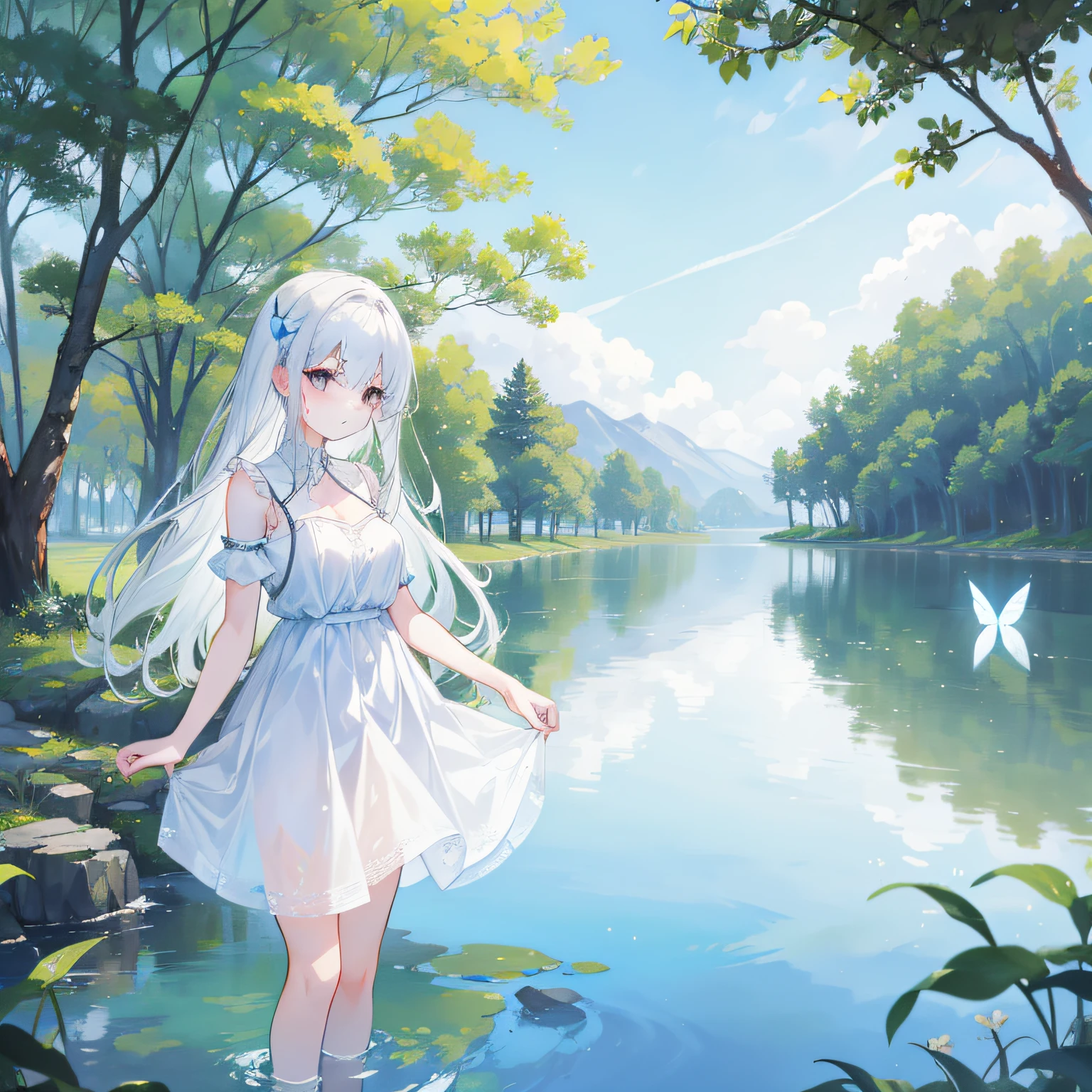 Generate an illustration in an illustrative style depicting a teenage girl by the shores of a lake, talking at a white butterfly. The girl's demeanor should be tranquil and contemplative, as she observes the delicate creature. The setting should emphasize the serene beauty of nature, with a calm lake reflecting the surrounding trees and a clear sky above. The girl's attire should be casual and natural, blending harmoniously with the environment. The white butterfly should stand out against the backdrop, symbolizing purity and ephemeral moments. The illustration should capture a sense of connection between the girl and the natural world, evoking a feeling of quiet wonder.