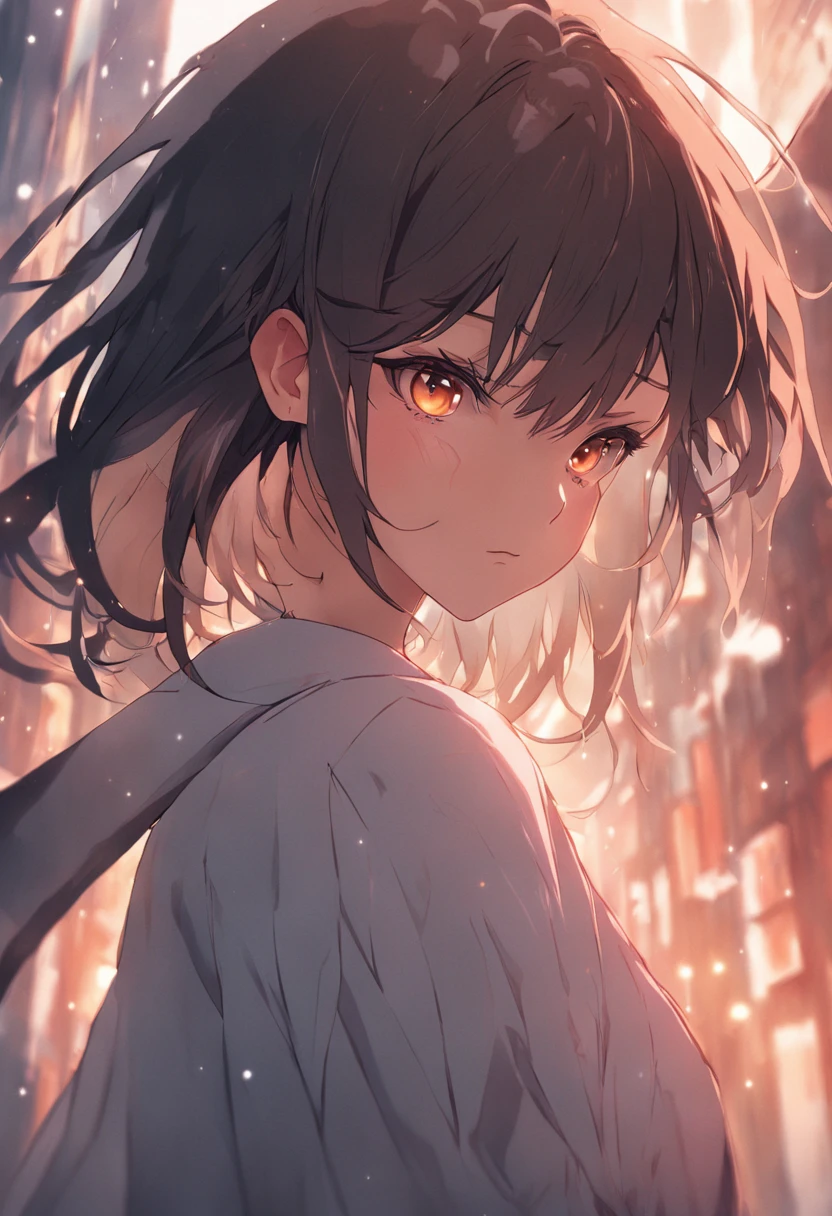 ((Best quality, 8k, Masterpiece :1.3)), Sharp focus :1.2, A pretty woman with perfect figure :1.4, Slender abs :1.2, ((Dark brown hair, Big breasts :1.2)), (White button up long shirt :1.1), City street:1.2, Highly detailed face and skin texture, Detailed eyes, Double eyelid