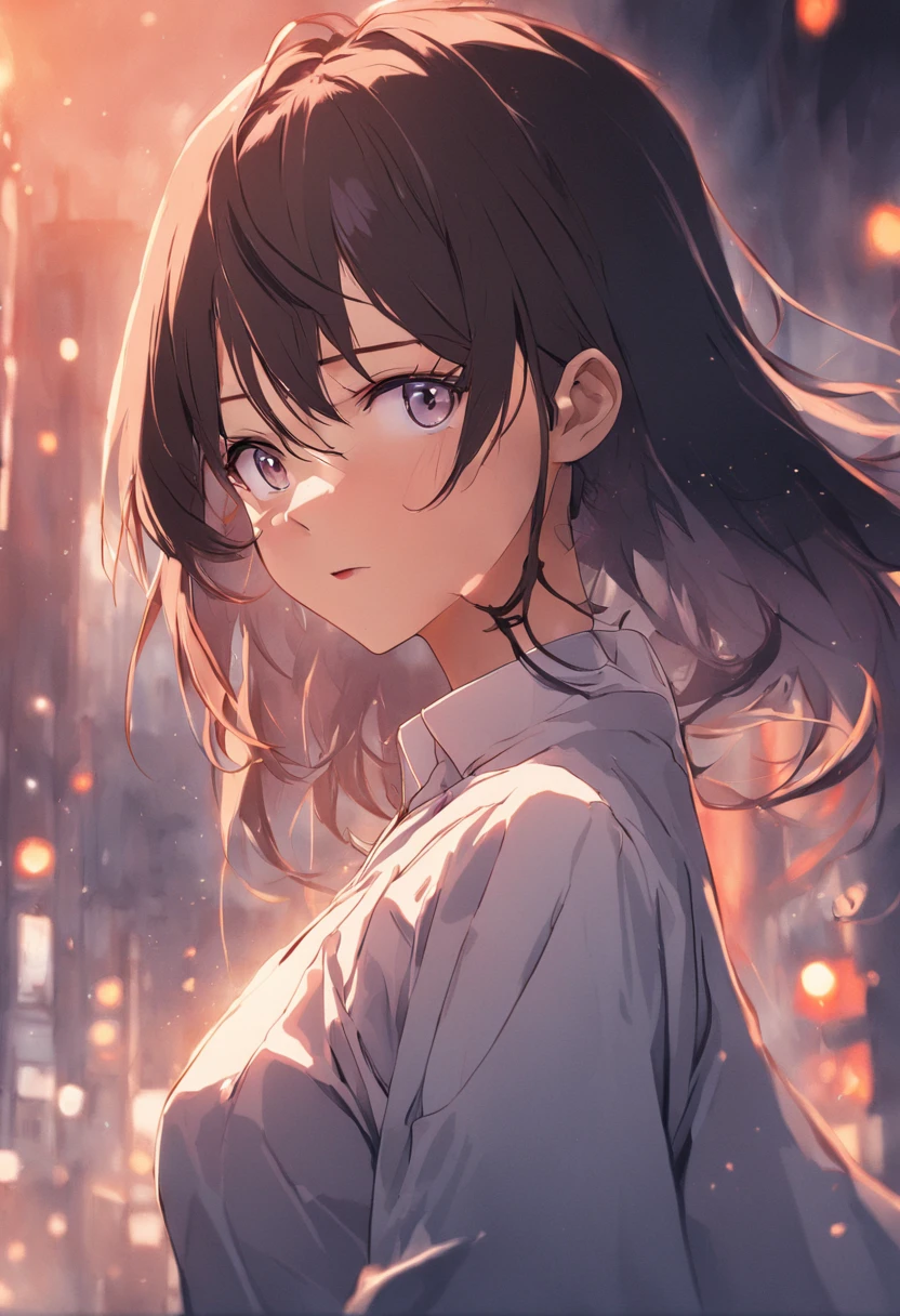((Best quality, 8k, Masterpiece :1.3)), Sharp focus :1.2, A pretty woman with perfect figure :1.4, Slender abs :1.2, ((Dark brown hair, Big breasts :1.2)), (White button up long shirt :1.1), City street:1.2, Highly detailed face and skin texture, Detailed eyes, Double eyelid