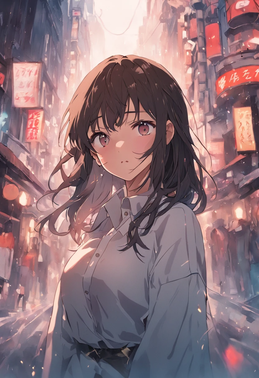 ((Best quality, 8k, Masterpiece :1.3)), Sharp focus :1.2, A pretty woman with perfect figure :1.4, Slender abs :1.2, ((Dark brown hair, Big breasts :1.2)), (White button up long shirt :1.1), City street:1.2, Highly detailed face and skin texture, Detailed eyes, Double eyelid