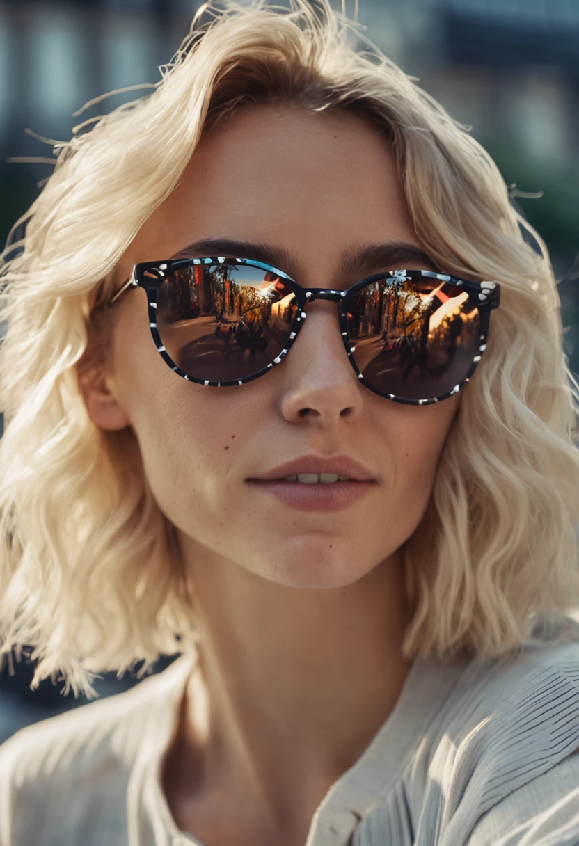 selfie woman, 19 years old, emma watson, in sunglasses, with short white blonde wavy hair, street, wearing casual clothes, summer vibes, colourful scene, midshot, professional photography, ultra sharp focus