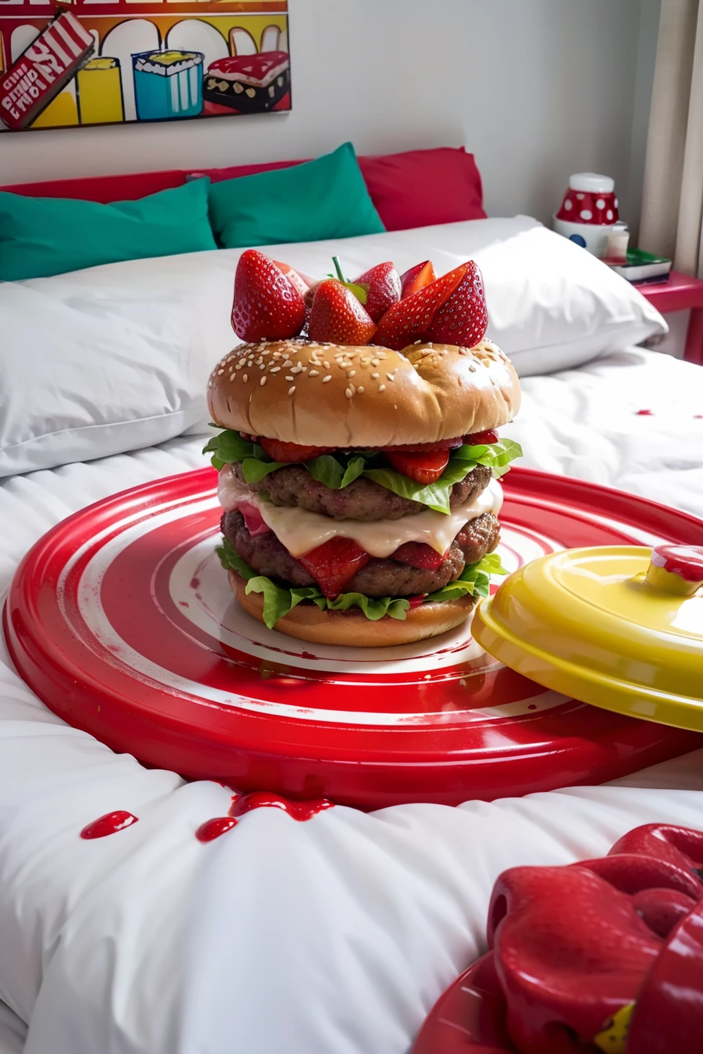 Lots of hamburgers in bed、(Hamburger splattered with colorful paint)、Burgers are stained with colorful paint,a bucket with a lot of paint,,,Paint overflowing from a bucket, (Sneakers stained with paint on the bed),Strawberries on the beds、Strawberry jam overflowing in the beds,Fender Guitar