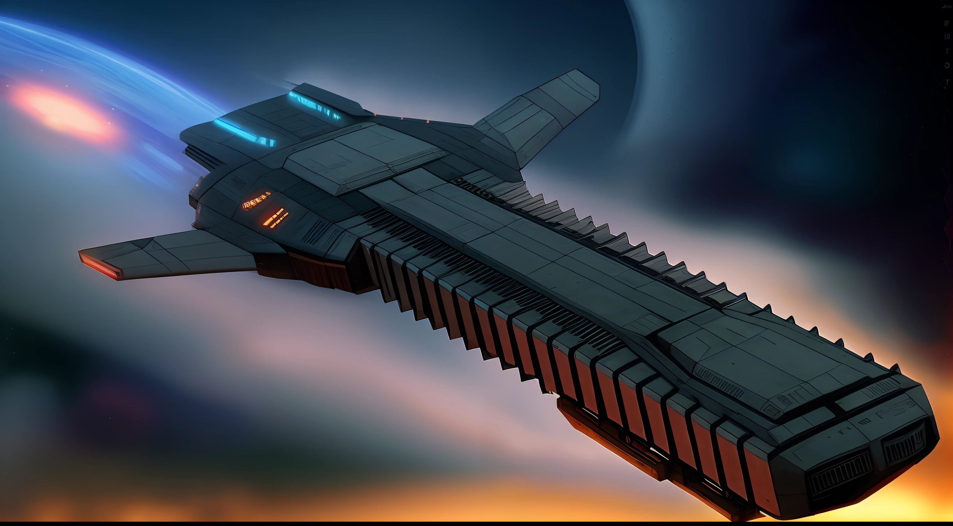 (espacial, nave espacial aparecia, de um tanque de guerra. with multiple cargo bays) (Behind thrusters with blue flame) (futurista) 4k. on one side a cannon on the other side another cannon